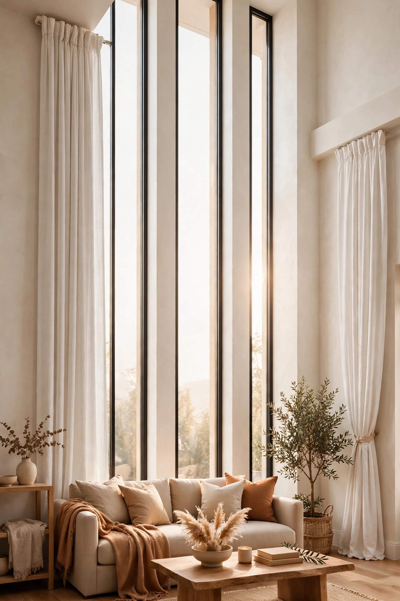 White curtain panels hung near the ceiling in a modern living room