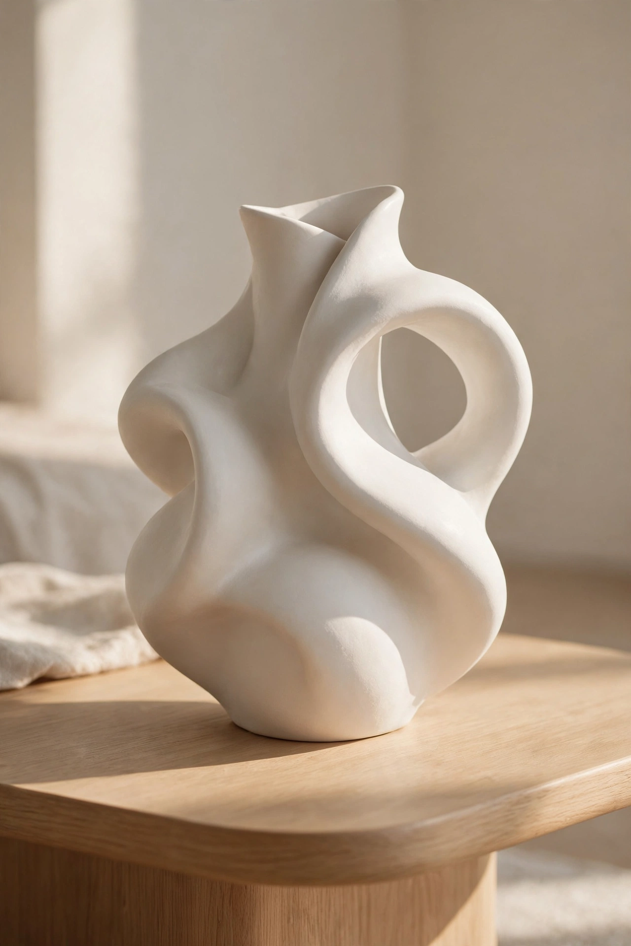 Single sculptural white ceramic vase on a modern coffee table