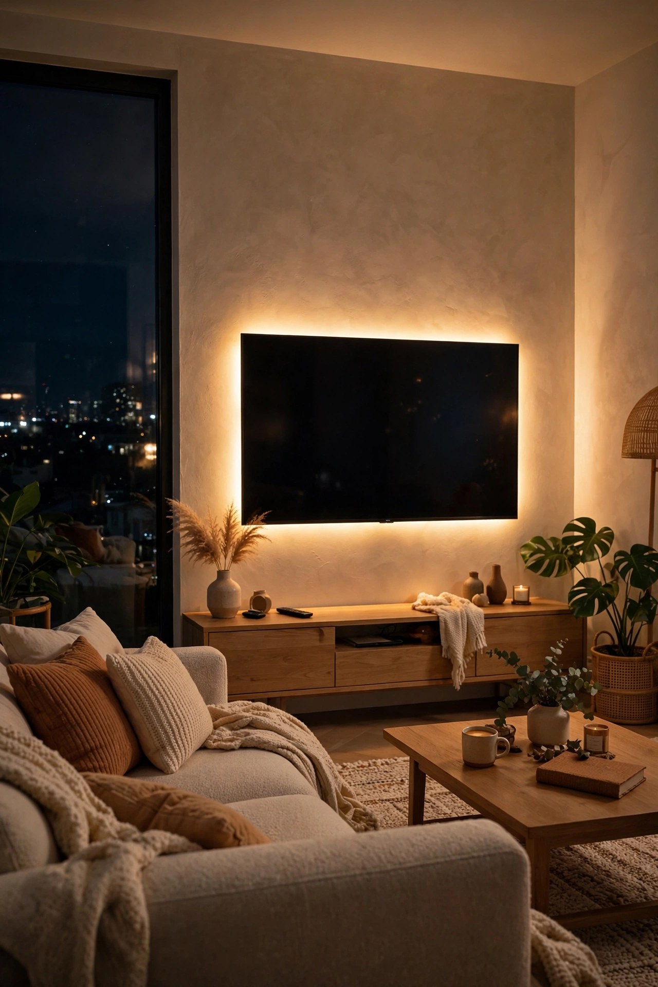 Warm LED strip glowing behind a TV in a modern living room at night