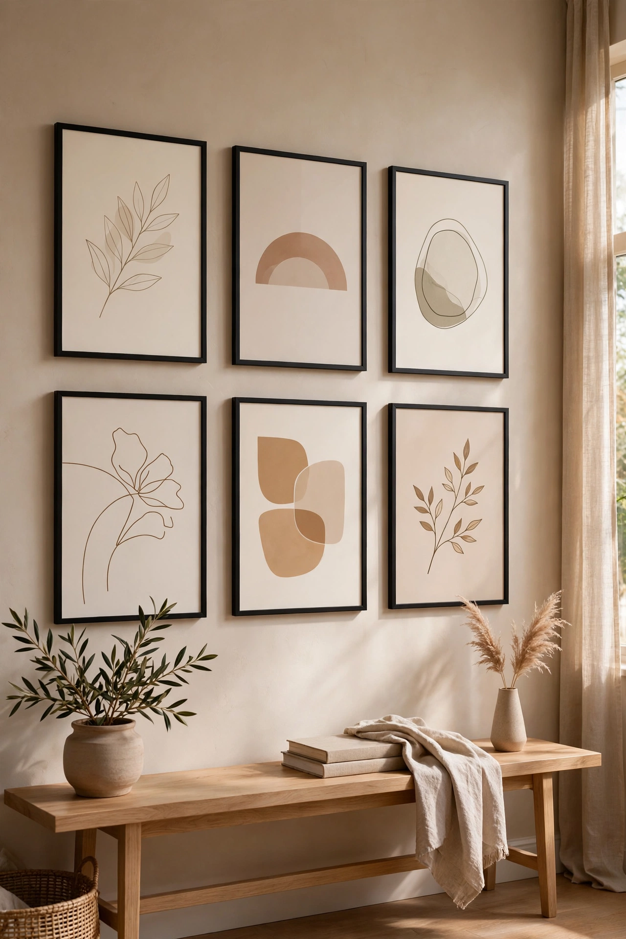Living room art all in matching thin black frames for a modern look