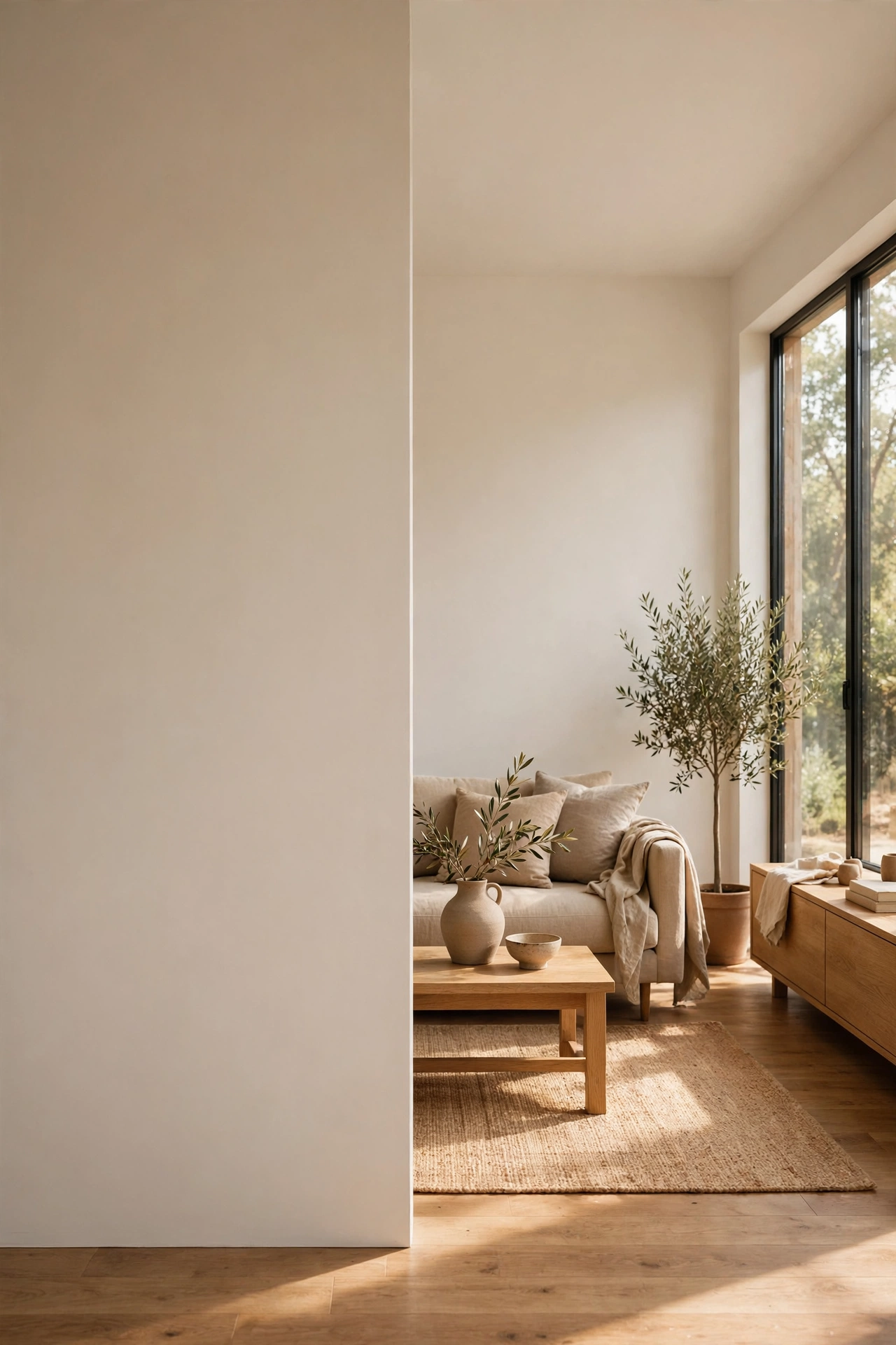 Modern living room with one intentionally empty bare wall