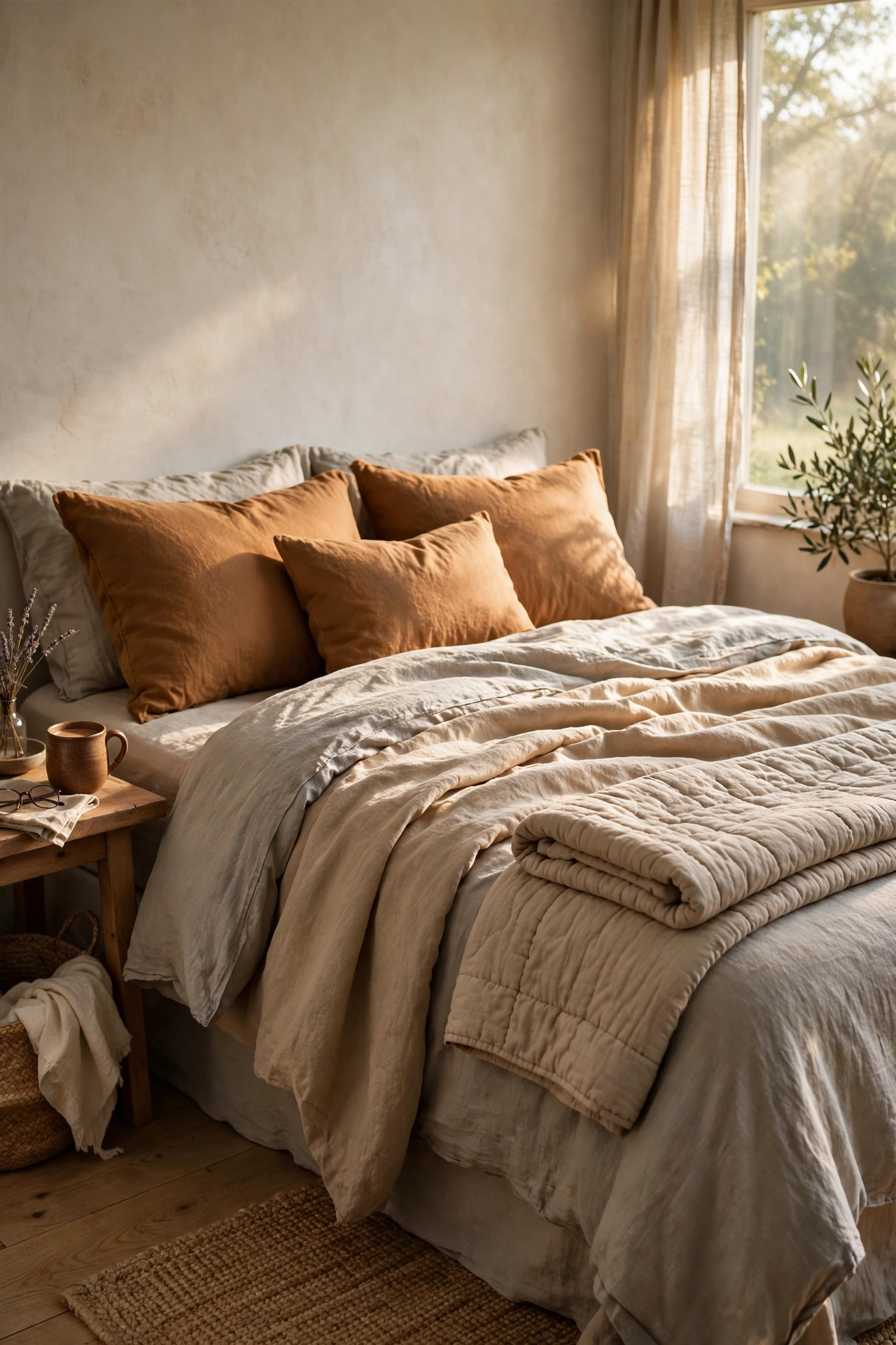 Bed with three tones of beige bedding in stone, sand and oat