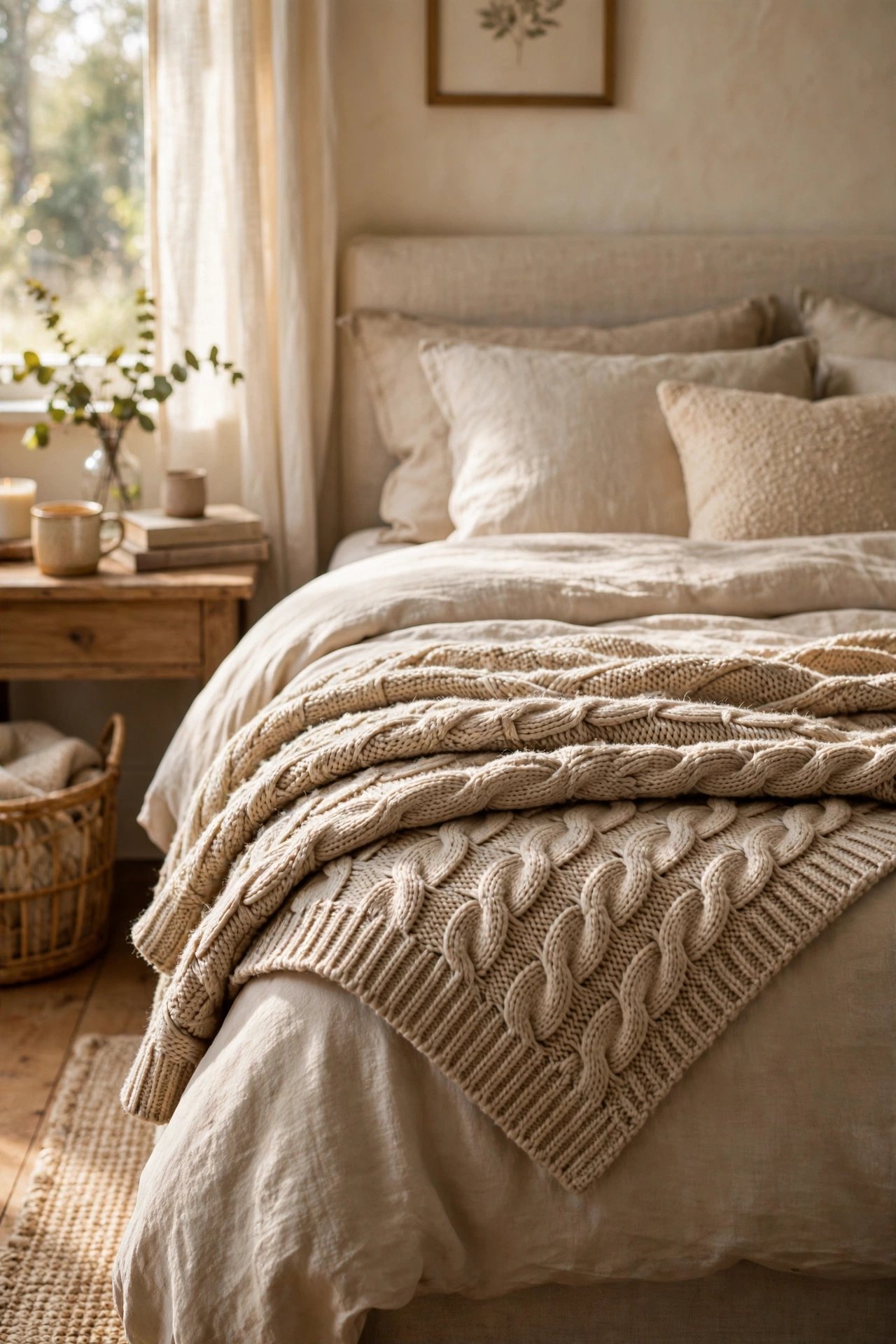 Oatmeal chunky knit throw folded across the foot of a beige bed