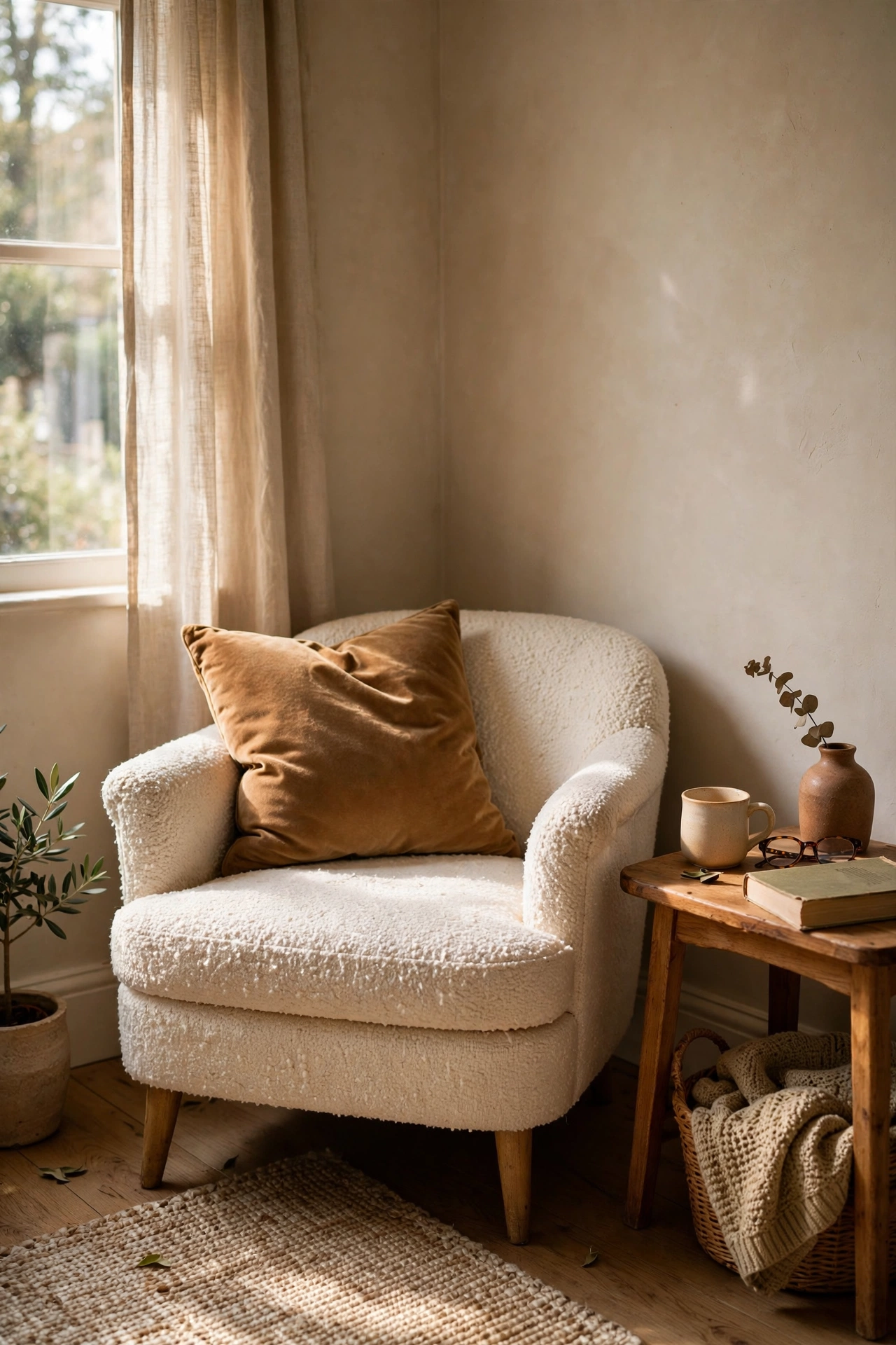 Thrifted cream boucle armchair in a beige bedroom corner