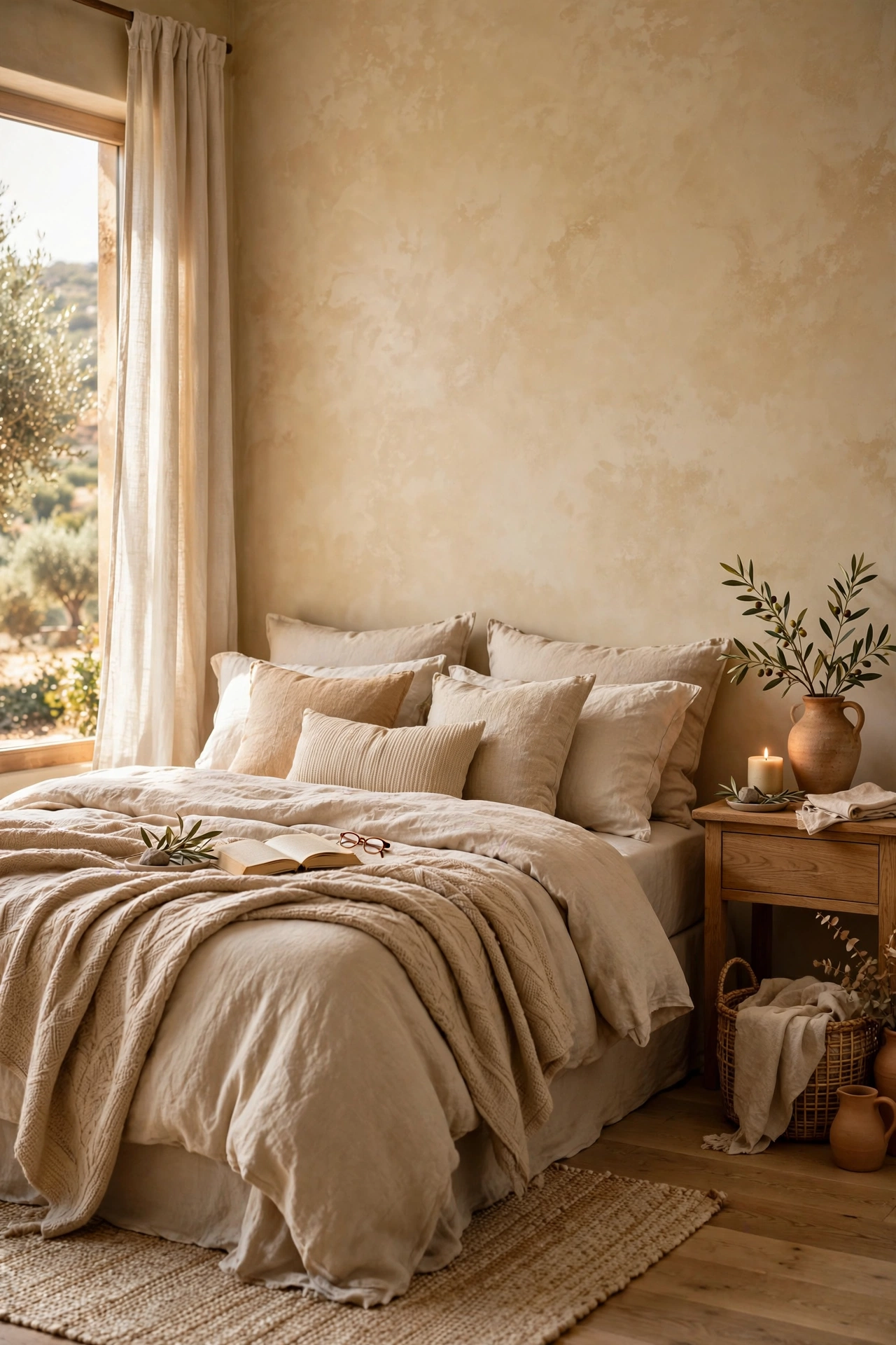 Warm beige limewash accent wall behind a bed with layered bedding
