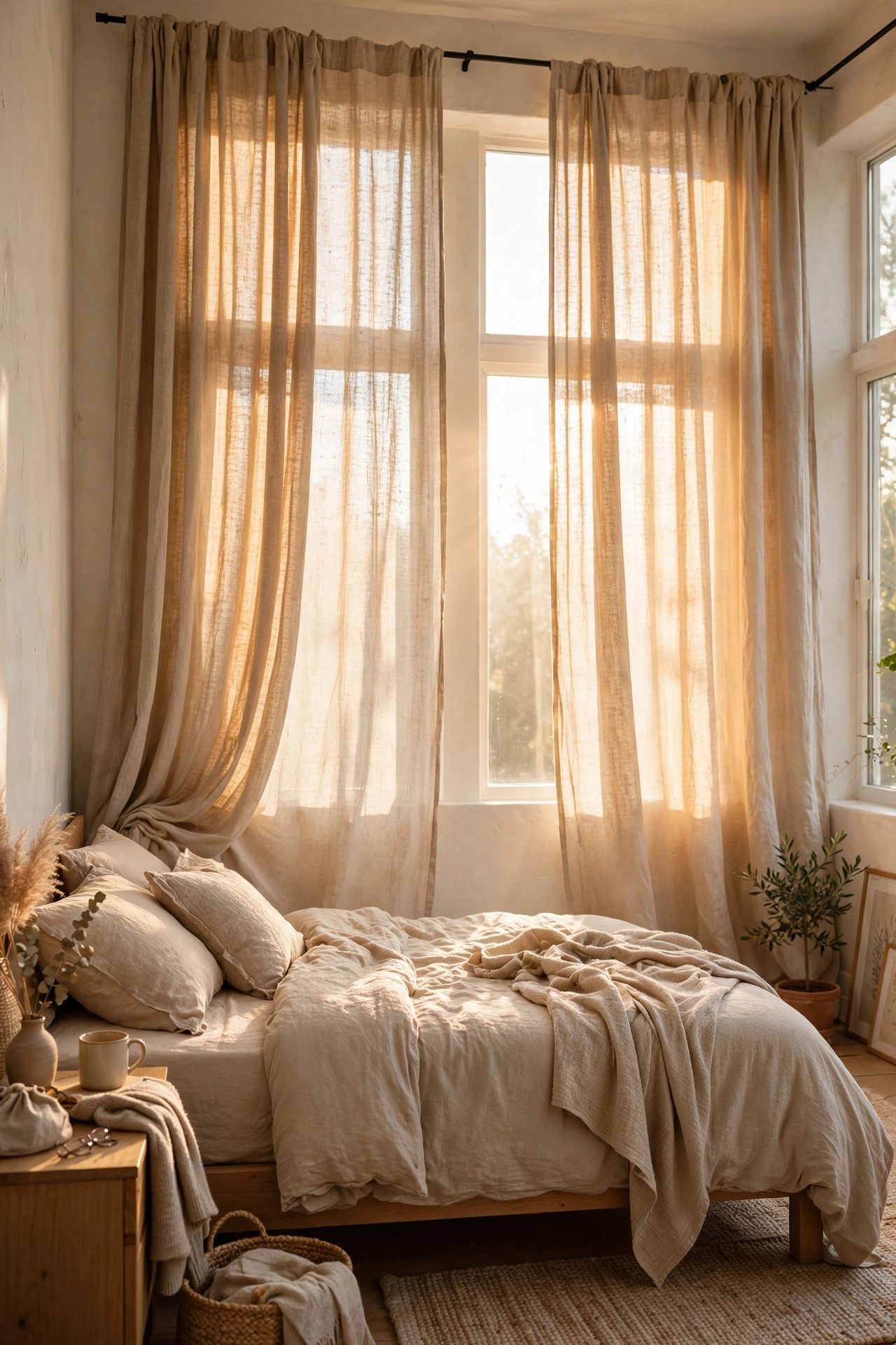 Natural flax linen curtains glowing with golden morning light