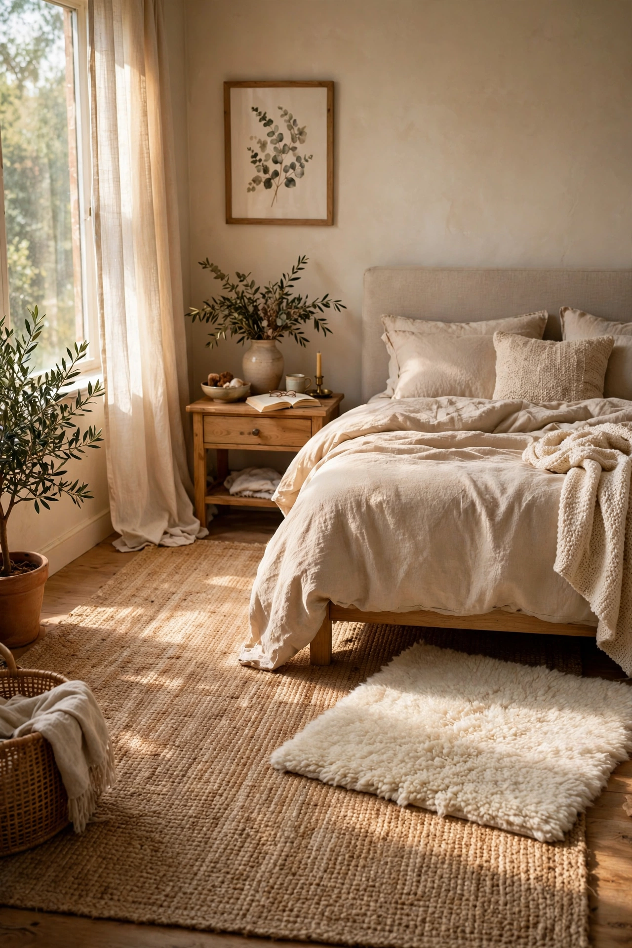 Layered jute and cream wool rugs under a beige bed
