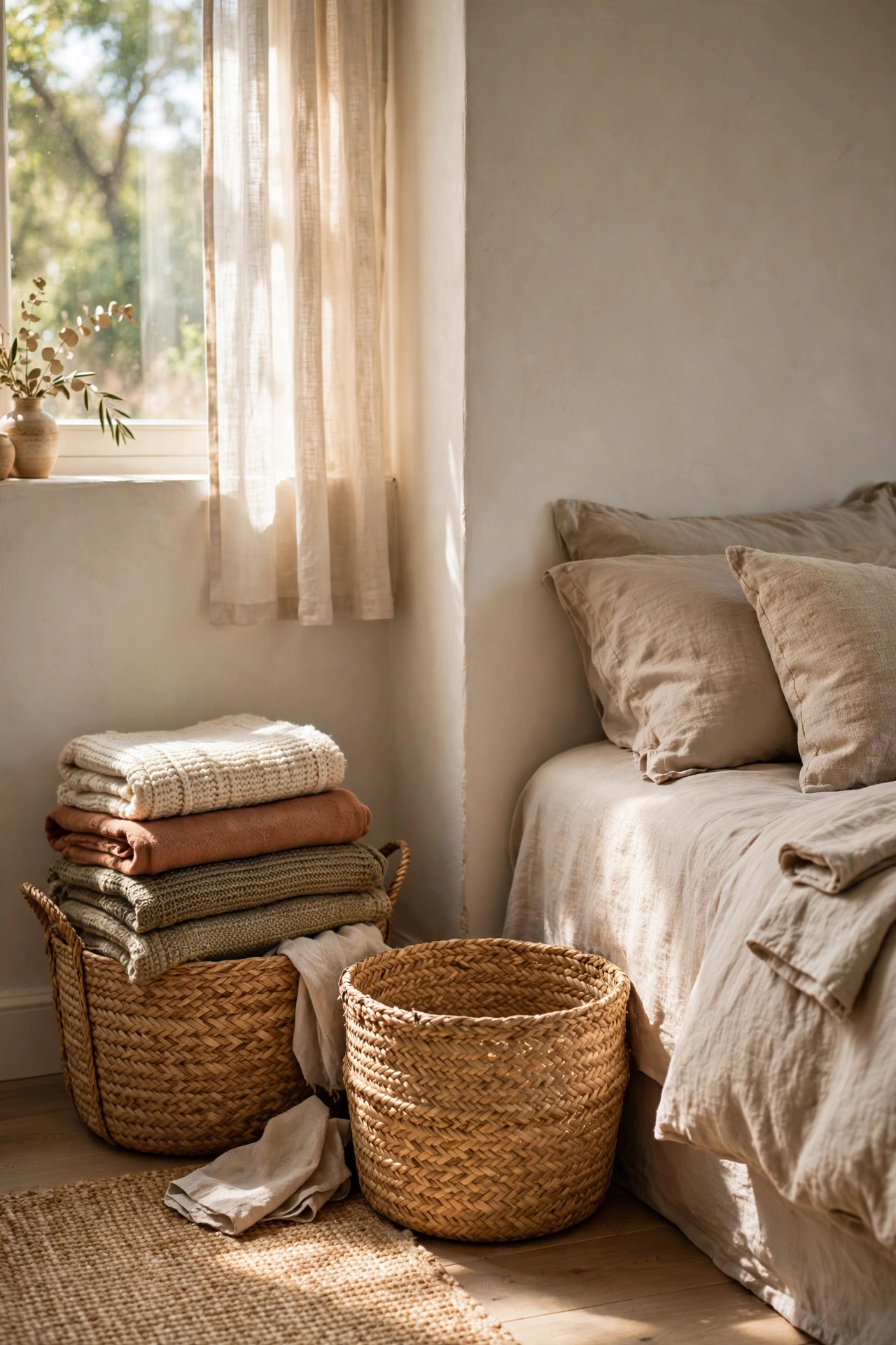 Woven seagrass baskets holding throws beside a beige bed