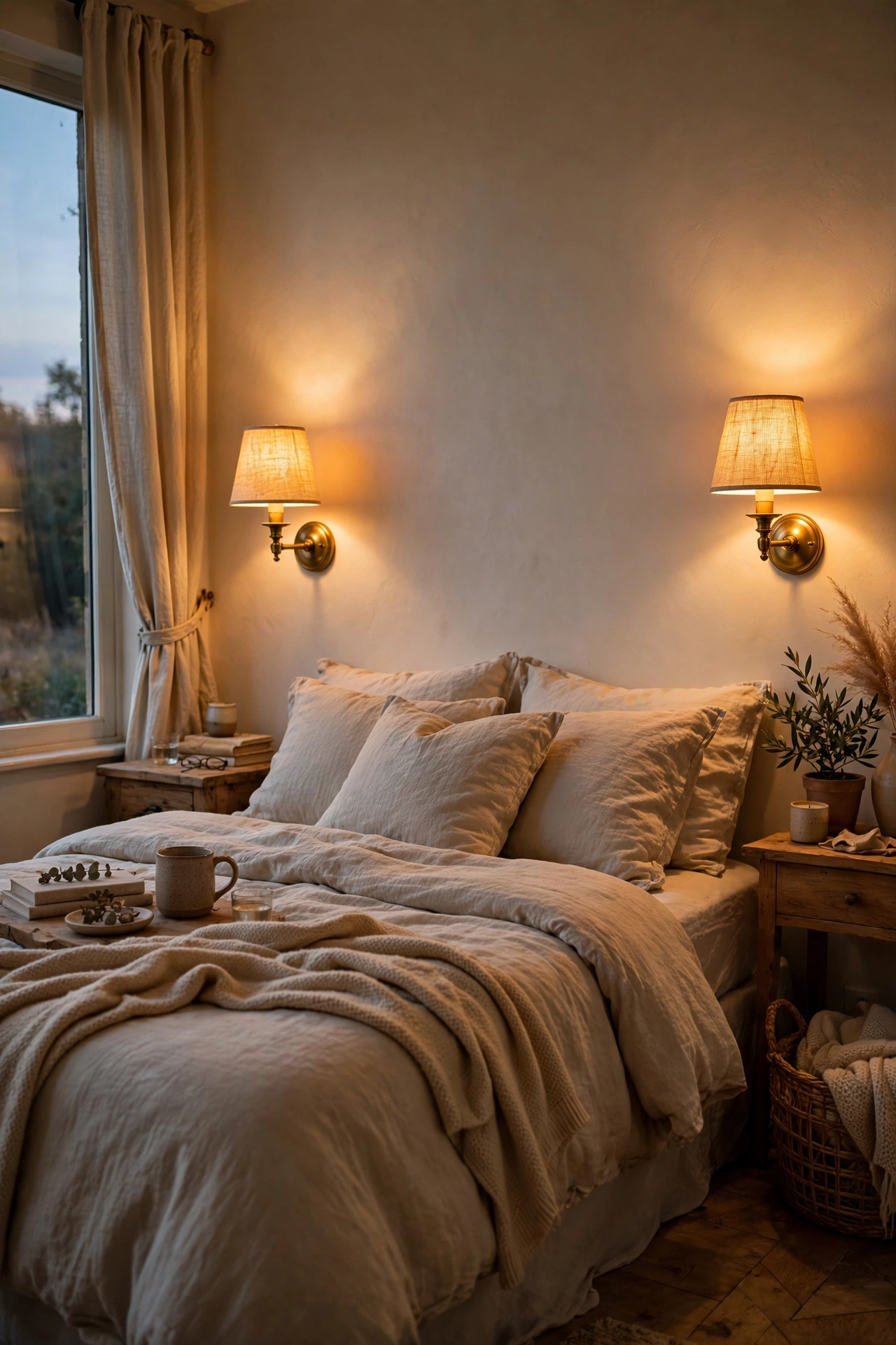 Pair of brass plug-in wall sconces glowing beside a beige bed