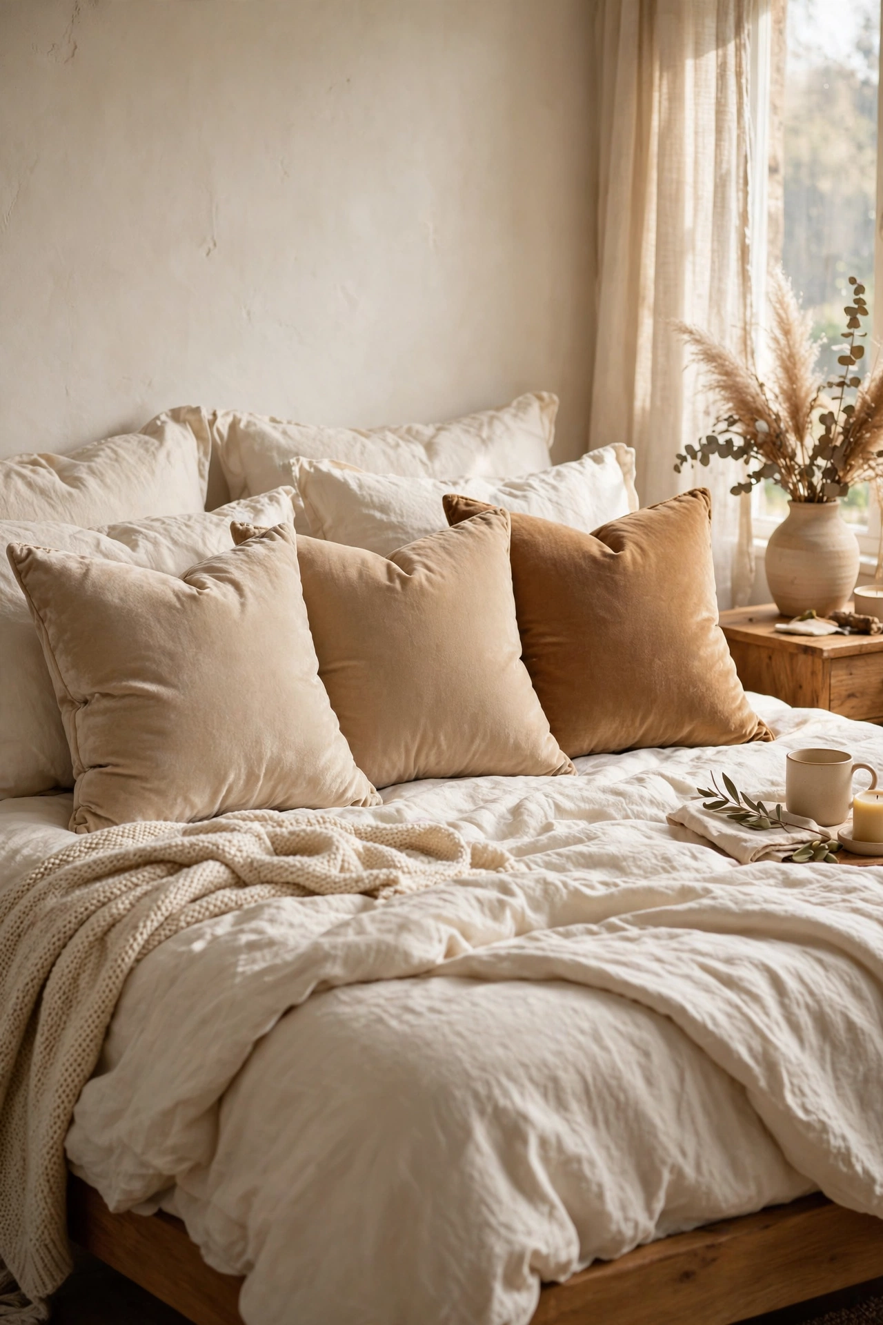 Beige velvet cushions in oat, sand and caramel tones on a bed