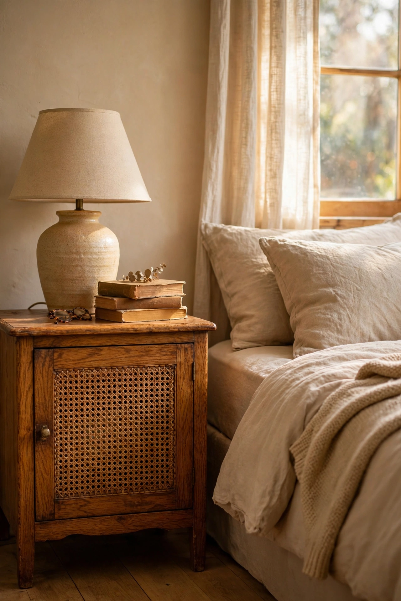 Oak nightstand with cane webbing beside a beige bed