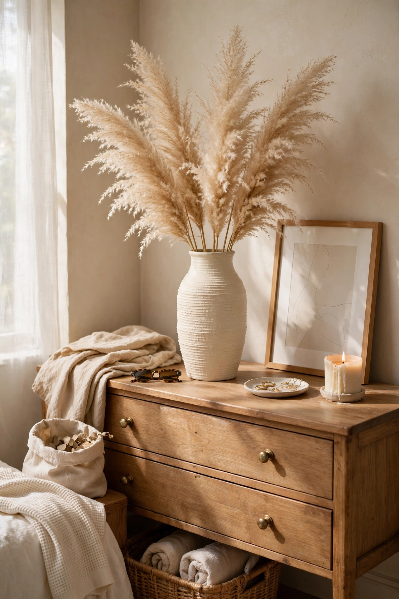 Tall vase of dried pampas grass on a bedroom dresser
