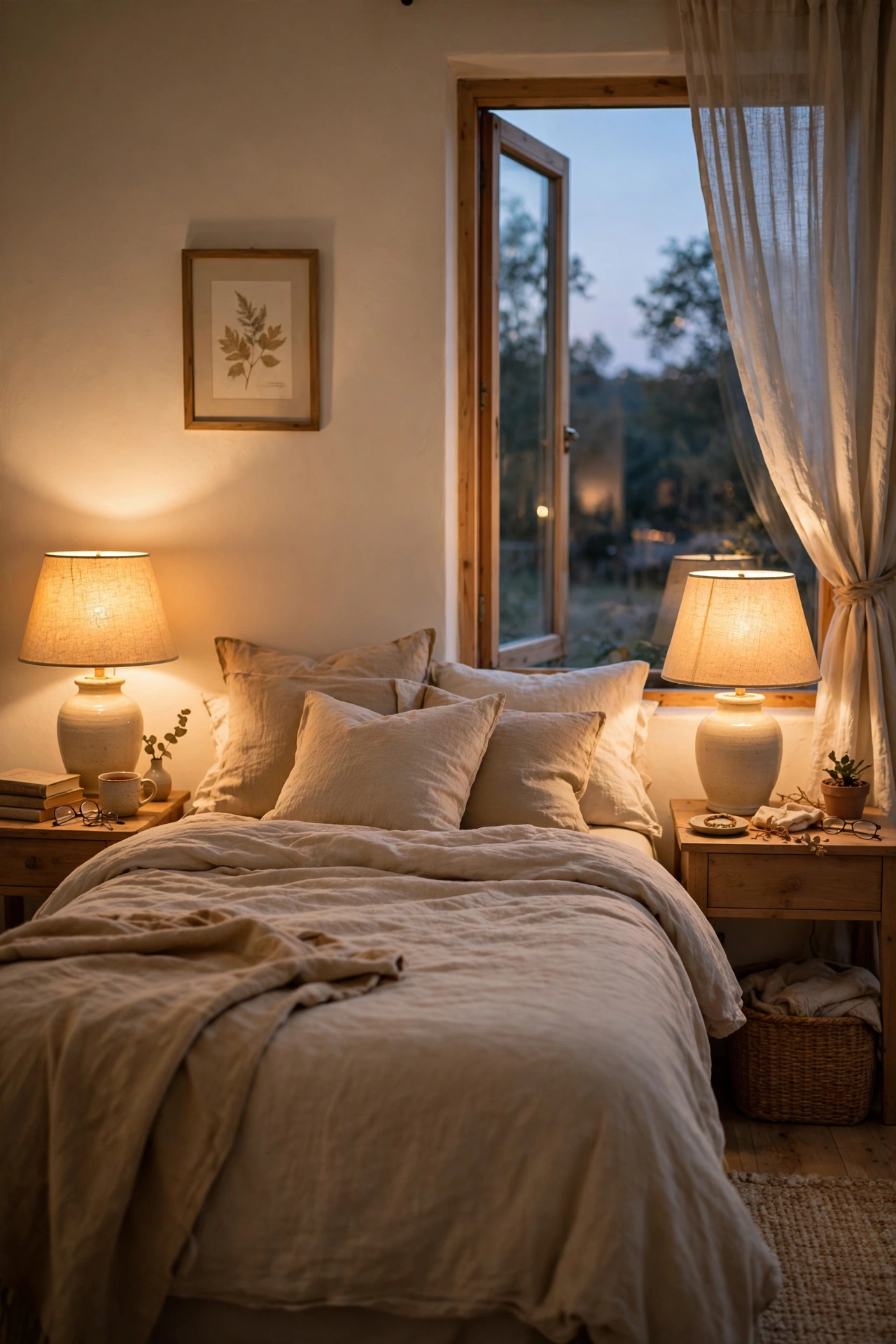 Cream ceramic table lamps with linen shades glowing on nightstands