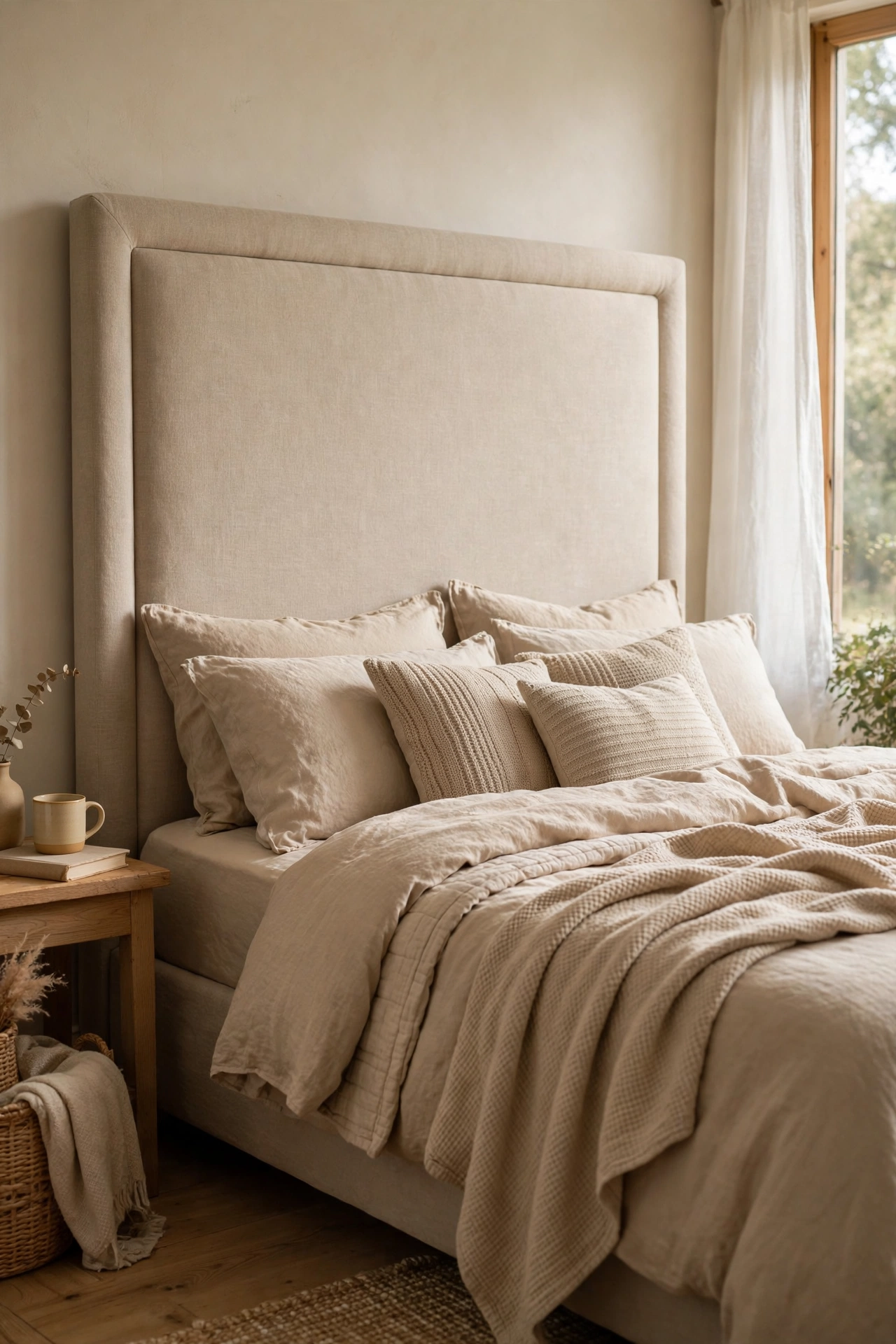 No-sew oatmeal linen upholstered headboard behind beige bedding
