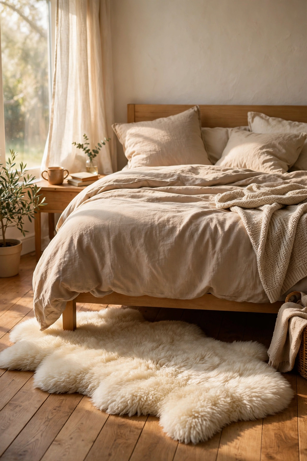Cream faux sheepskin rug tucked beside a beige bed
