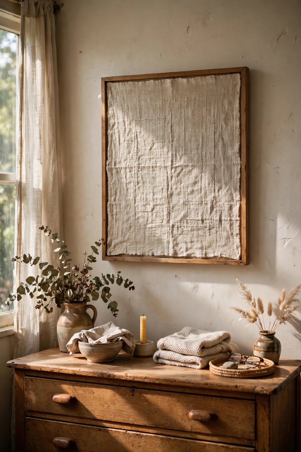 Framed oatmeal linen textile art hung above a bedroom dresser