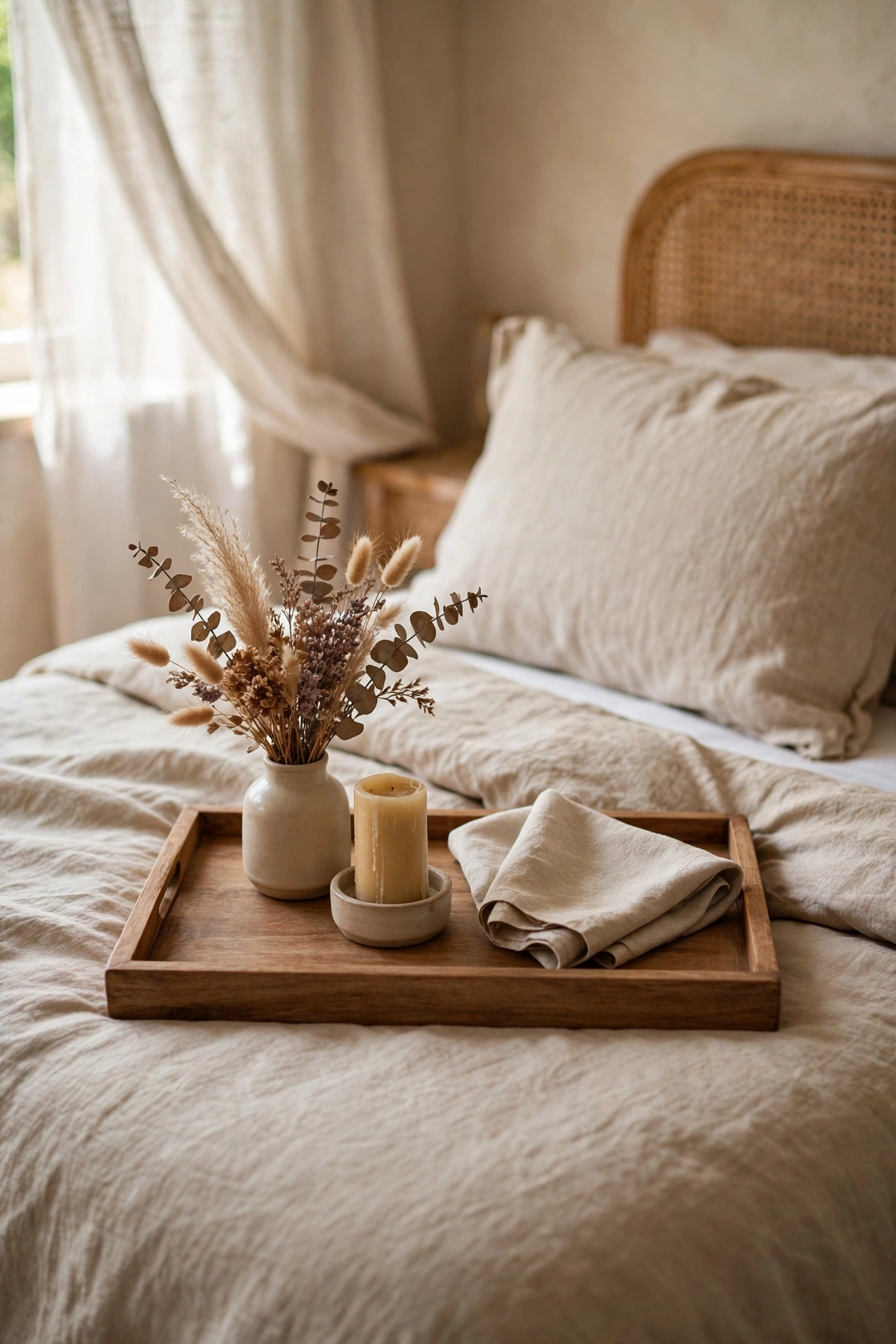 Wooden breakfast tray styled with candle and dried flowers on a bed