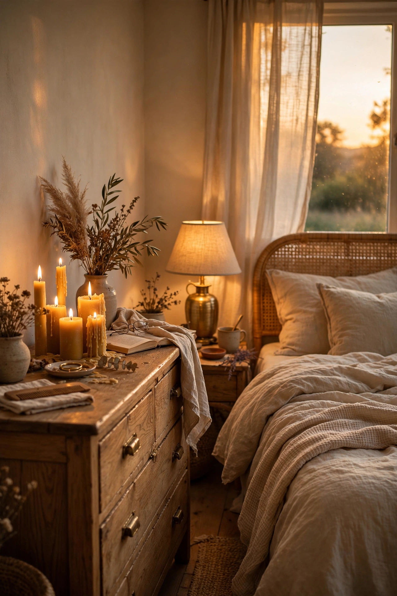 Beige bedroom glowing with candles and warm lamplight in the evening