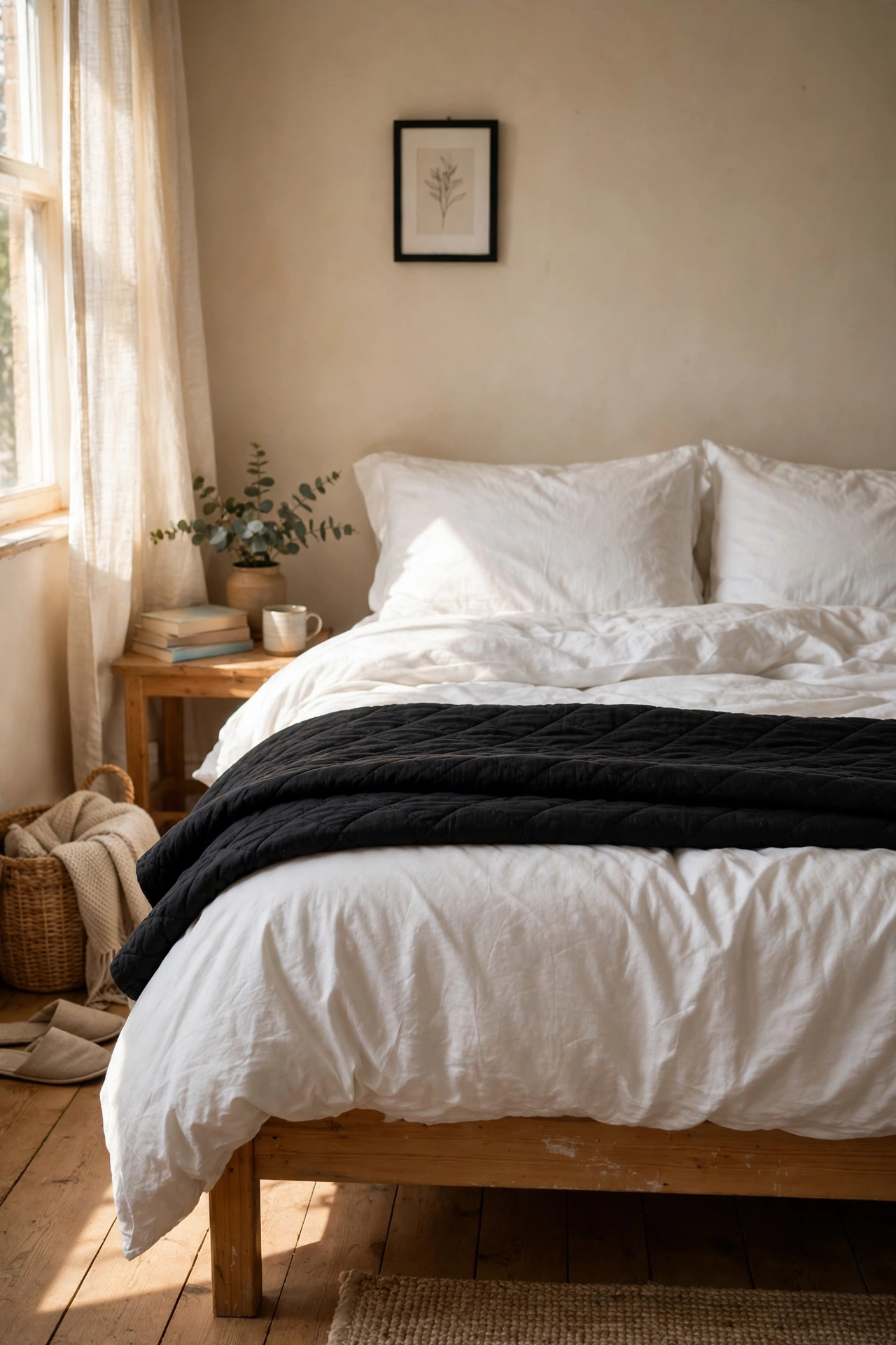White duvet bed with folded black quilted throw at the foot