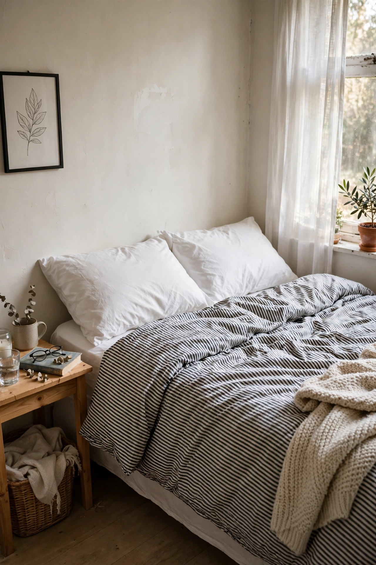 Bed with narrow black and white ticking stripe duvet cover