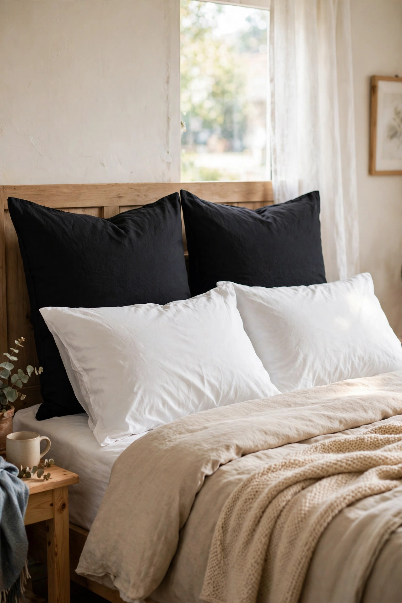 Black euro shams layered behind white sleeping pillows on bed