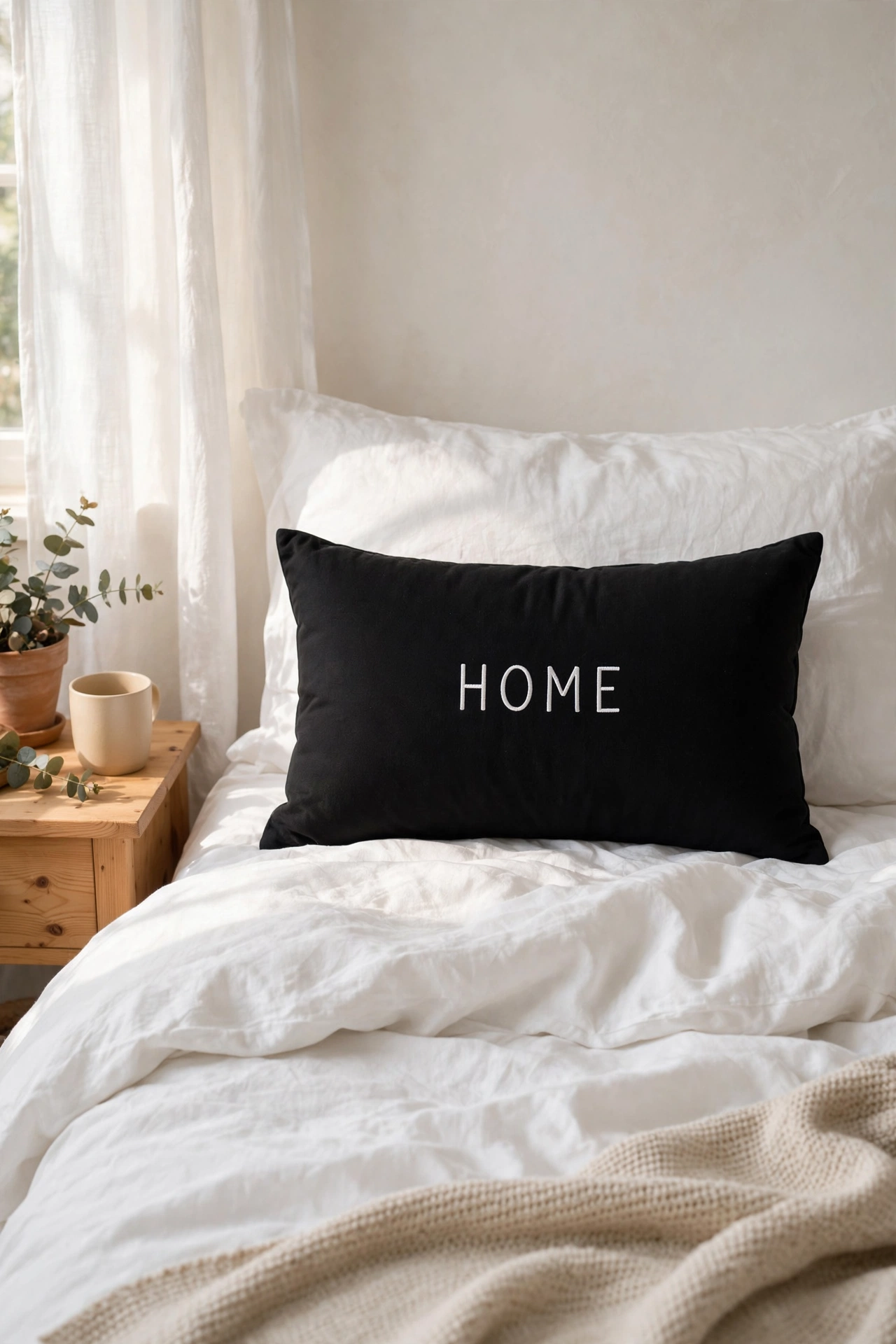 Black typography lumbar pillow centred on white bedding