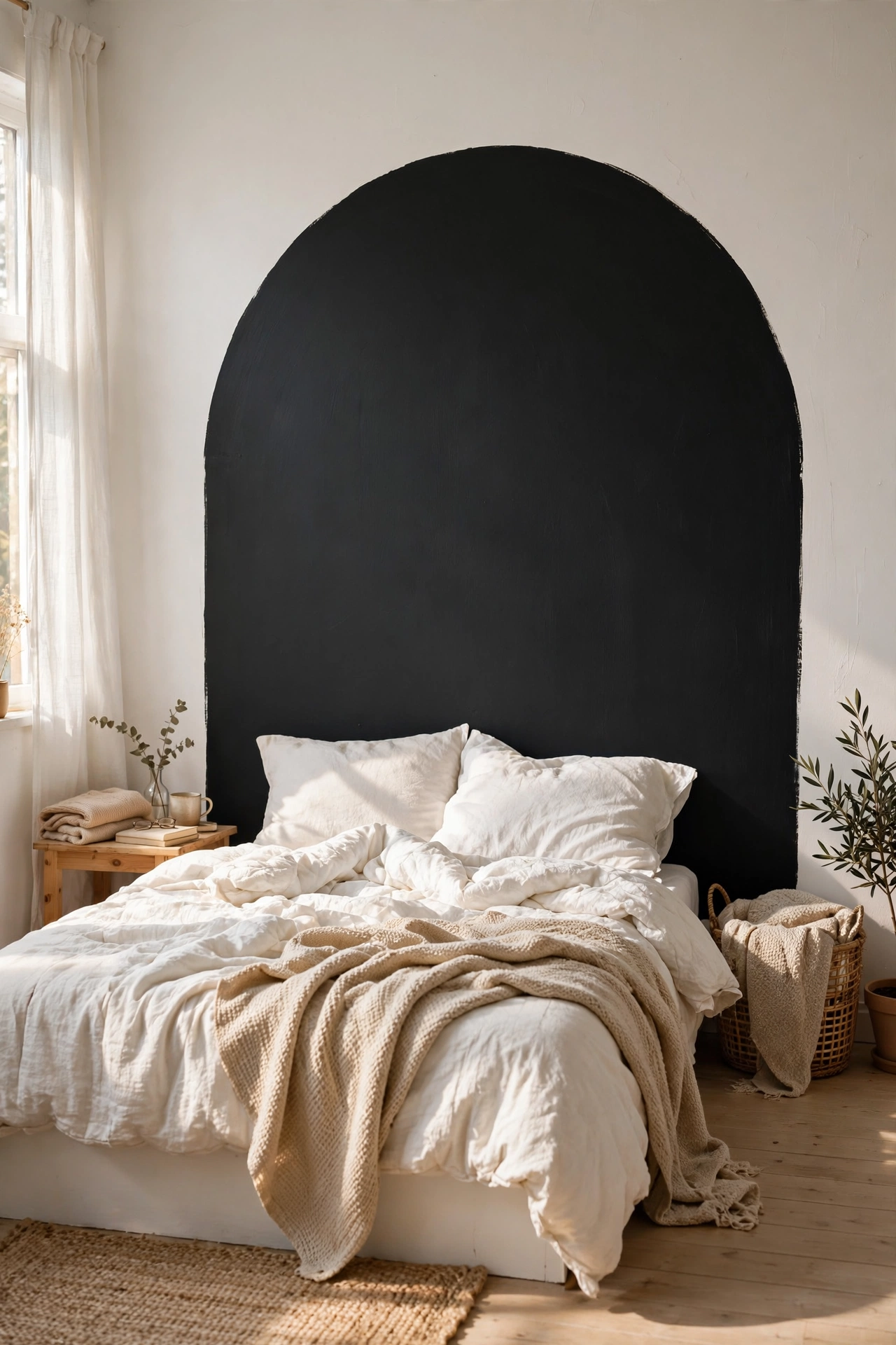 Matte black painted arch on white wall behind bed
