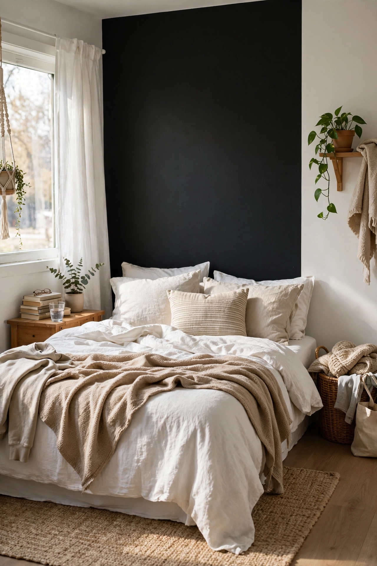 Bedroom with single matte black accent wall behind white bed