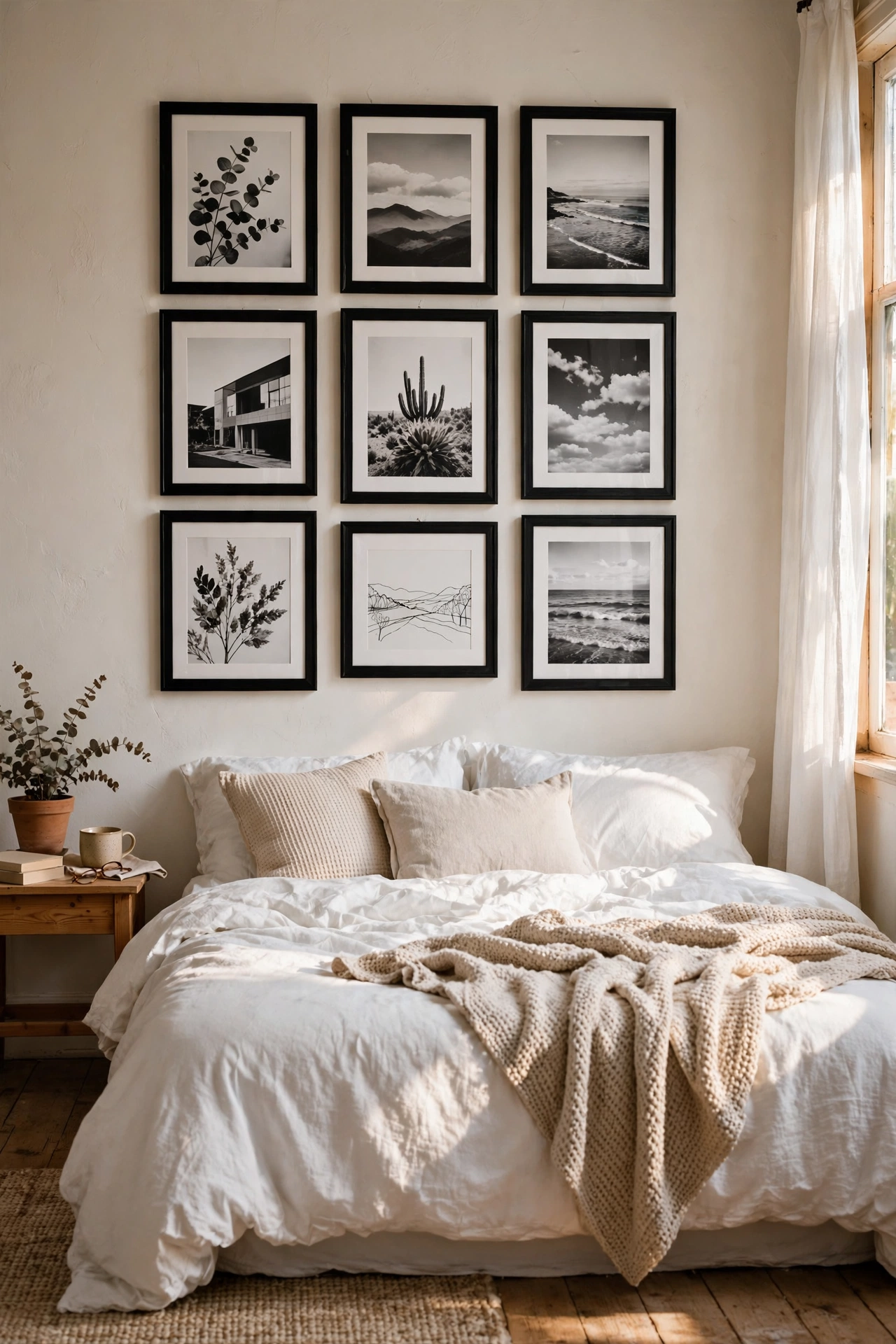 Gallery wall of black-framed black and white prints above bed