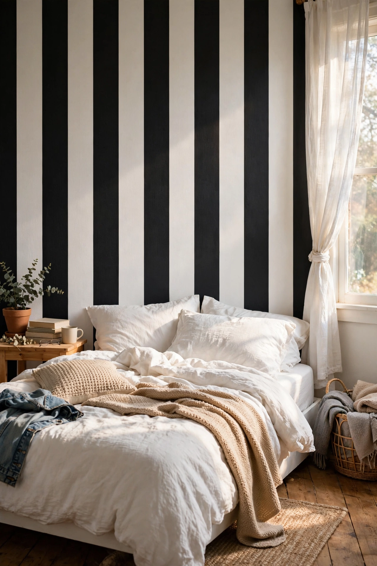 Bold black and white graphic wallpaper panel behind bed
