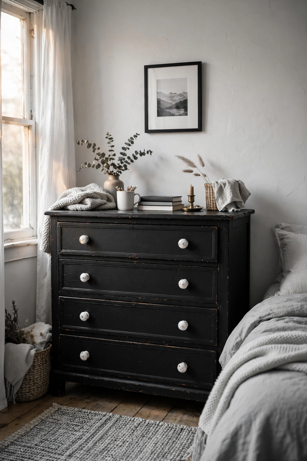 Thrifted dresser painted matte black with white ceramic knobs