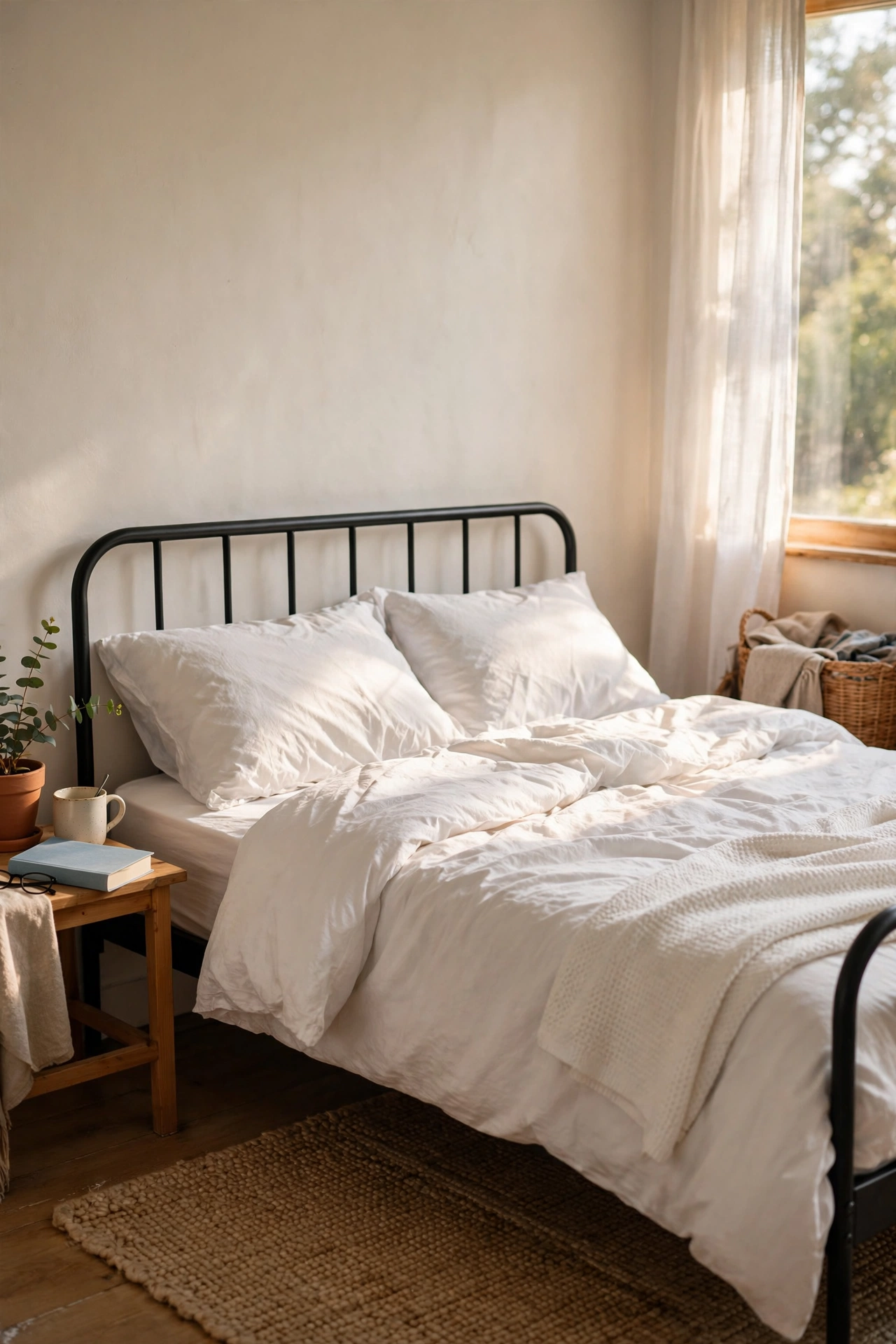 Metal bed frame spray painted matte black with white bedding