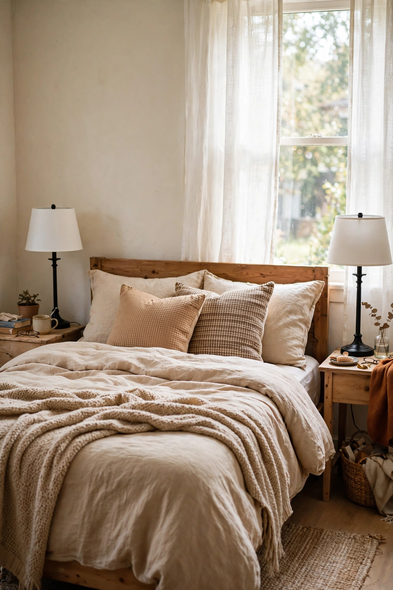 Pair of black table lamps with white drum shades on nightstands
