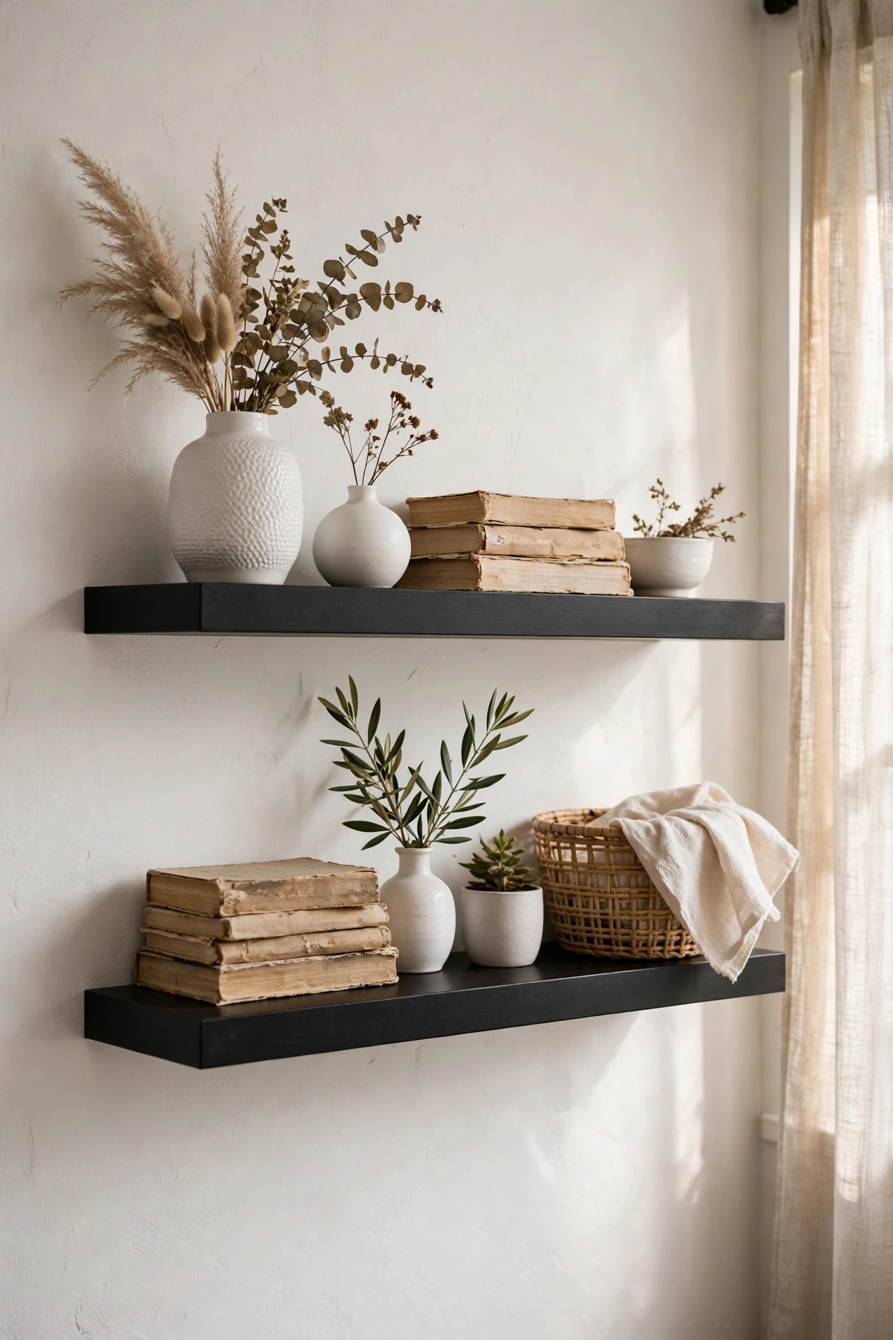 Black floating shelves styled with white vases and books