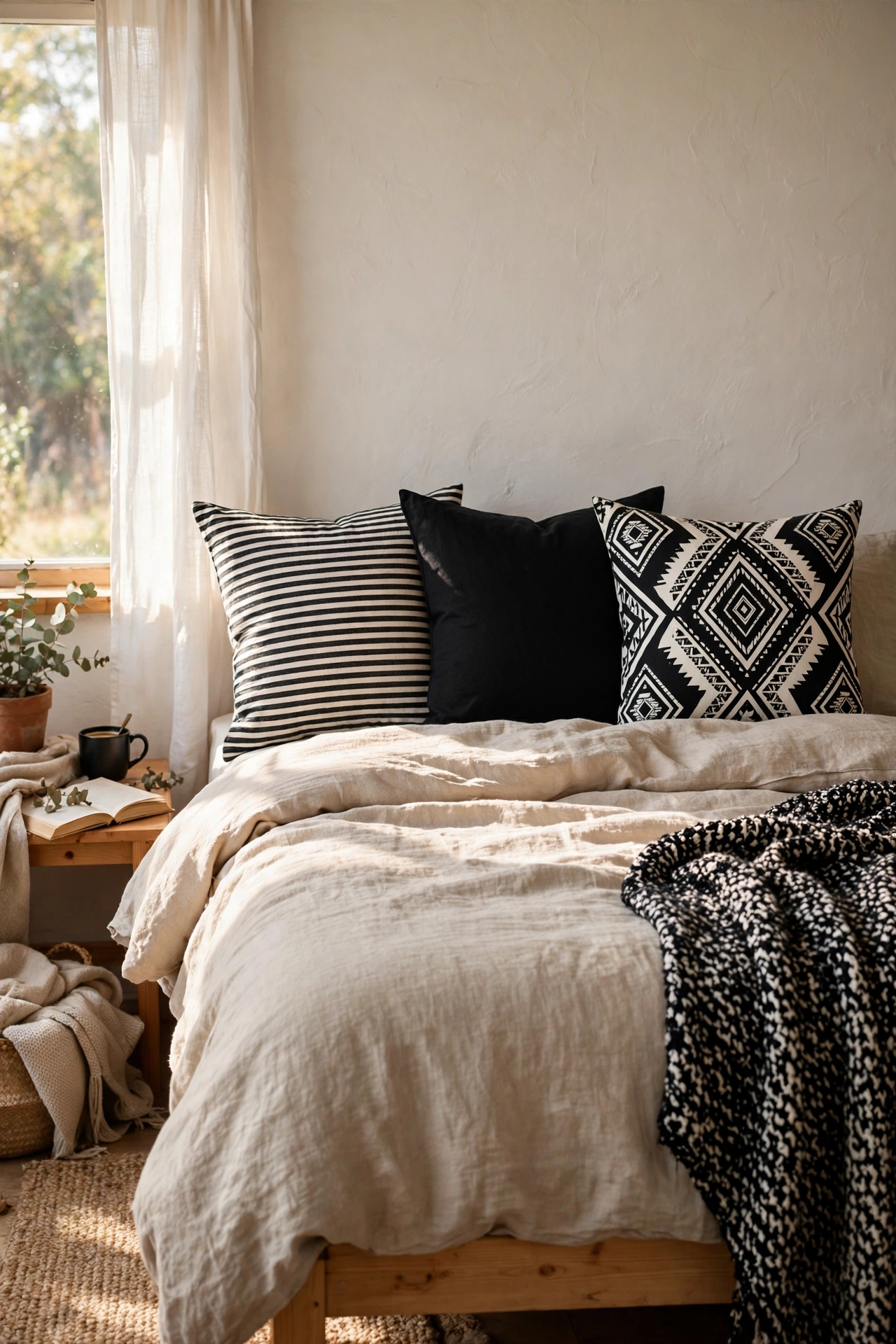 Mix of black and white throw pillows in three patterns on bed