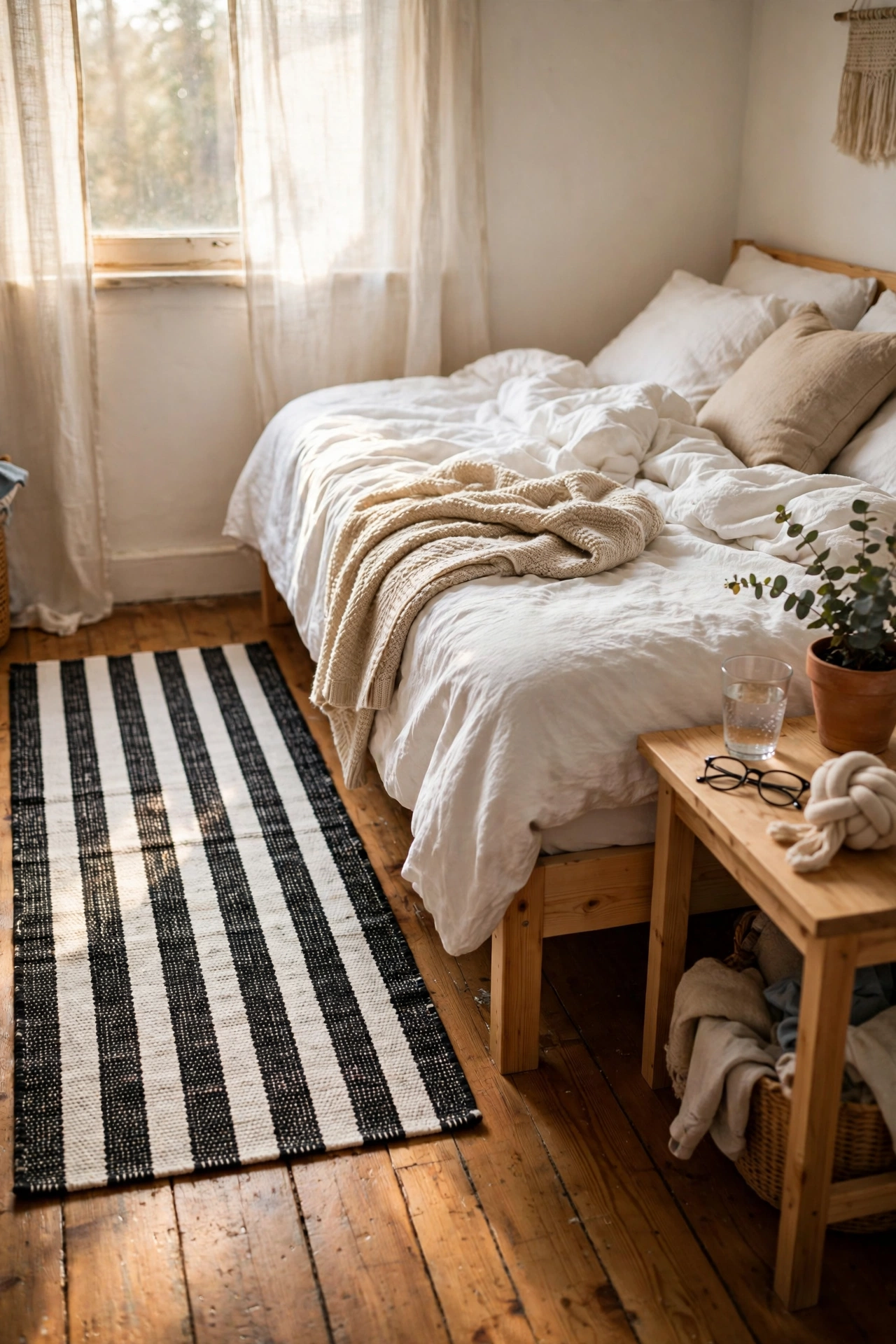 Black and white striped runner rug beside a white bed