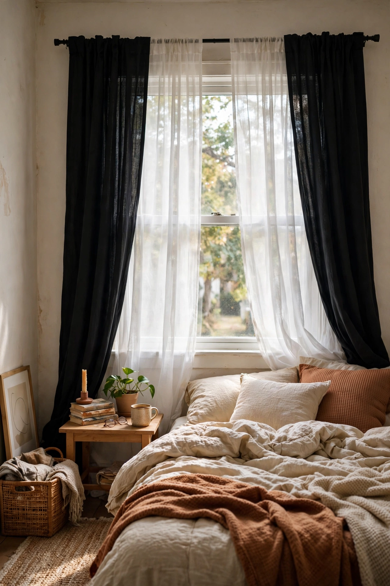 Black drapes layered over white sheer curtains on bedroom window