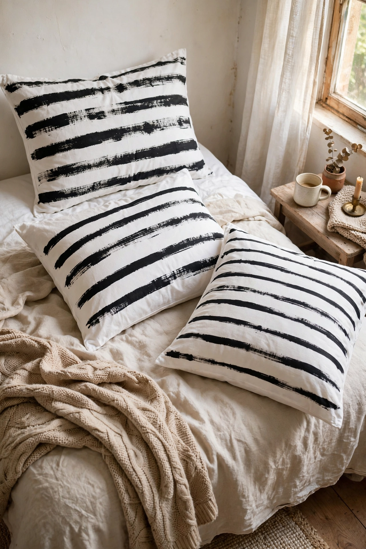 White pillowcases with hand-painted black stripes