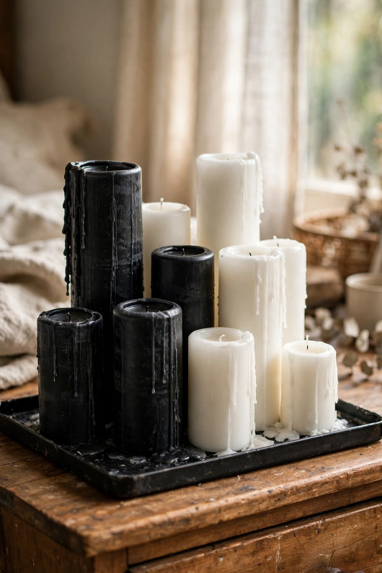 Cluster of black and white pillar candles on dresser tray