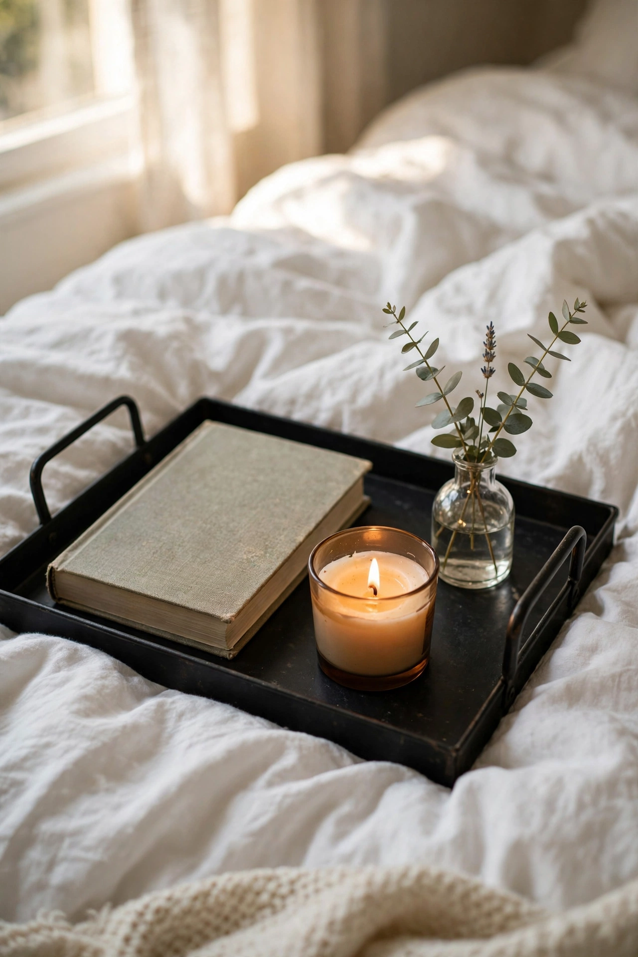 Black styling tray with book candle and bud vase on white bed