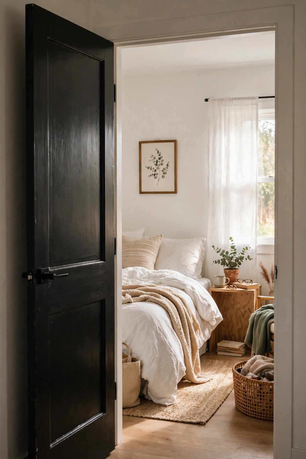 Bedroom door painted satin black opening onto white room