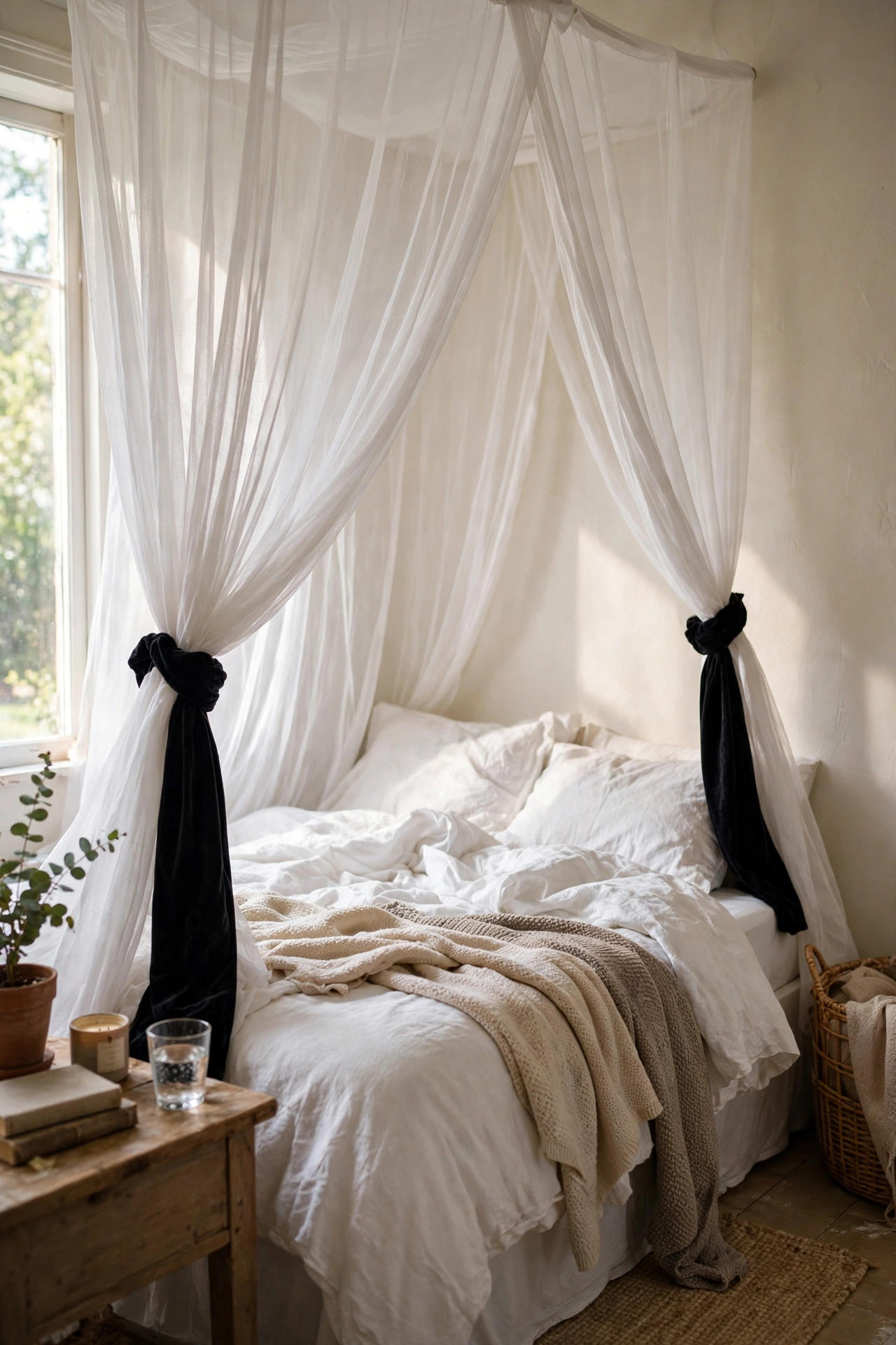 Sheer white canopy drapes with black velvet tiebacks over bed
