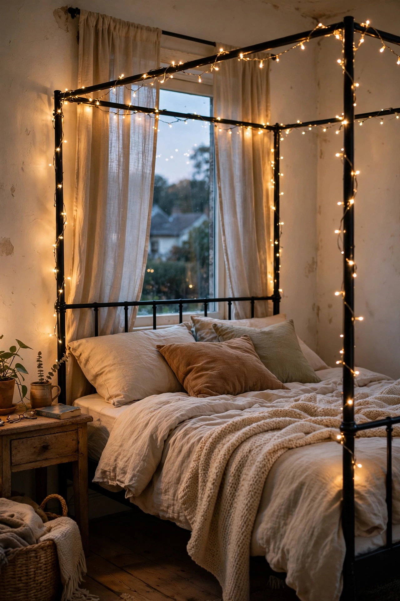 Warm fairy lights woven through black canopy bed frame