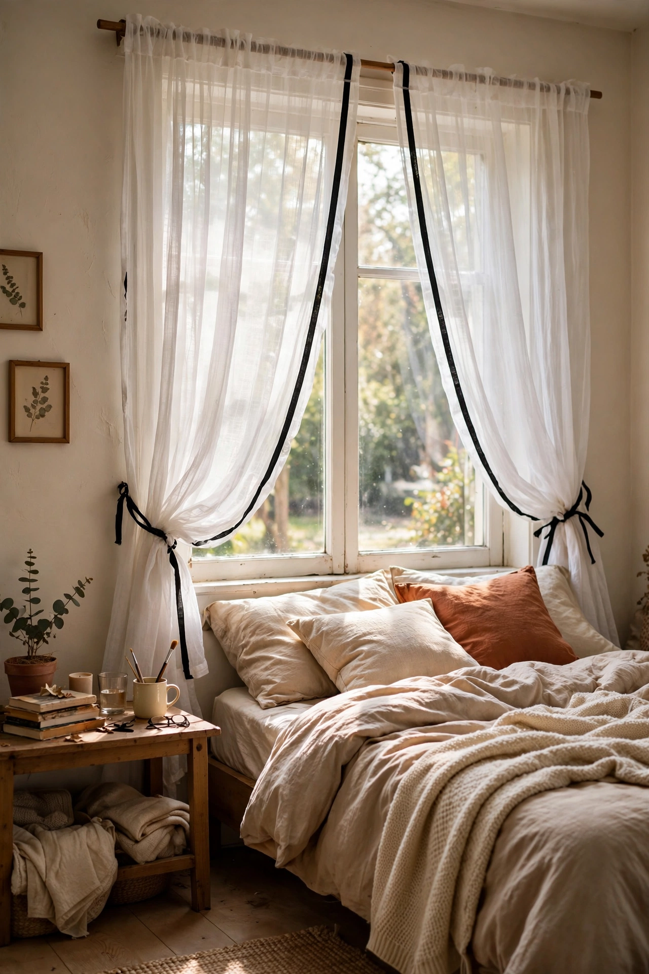 Gauzy white curtains with black ribbon trim on window