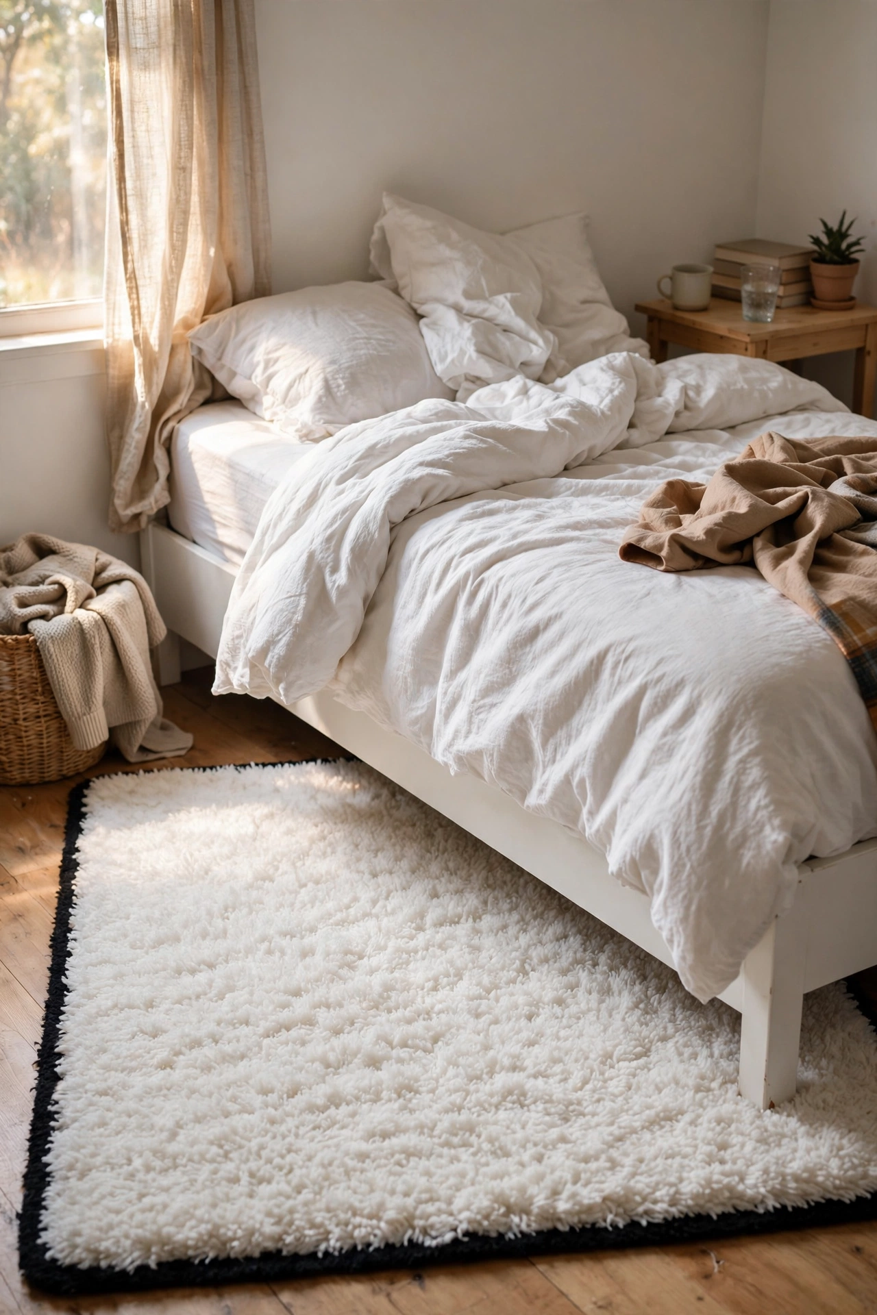 Plush white rug with black border under white bed