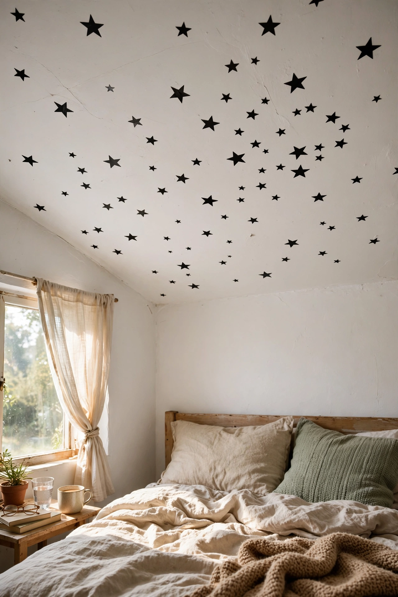 Black star decals scattered on white bedroom ceiling