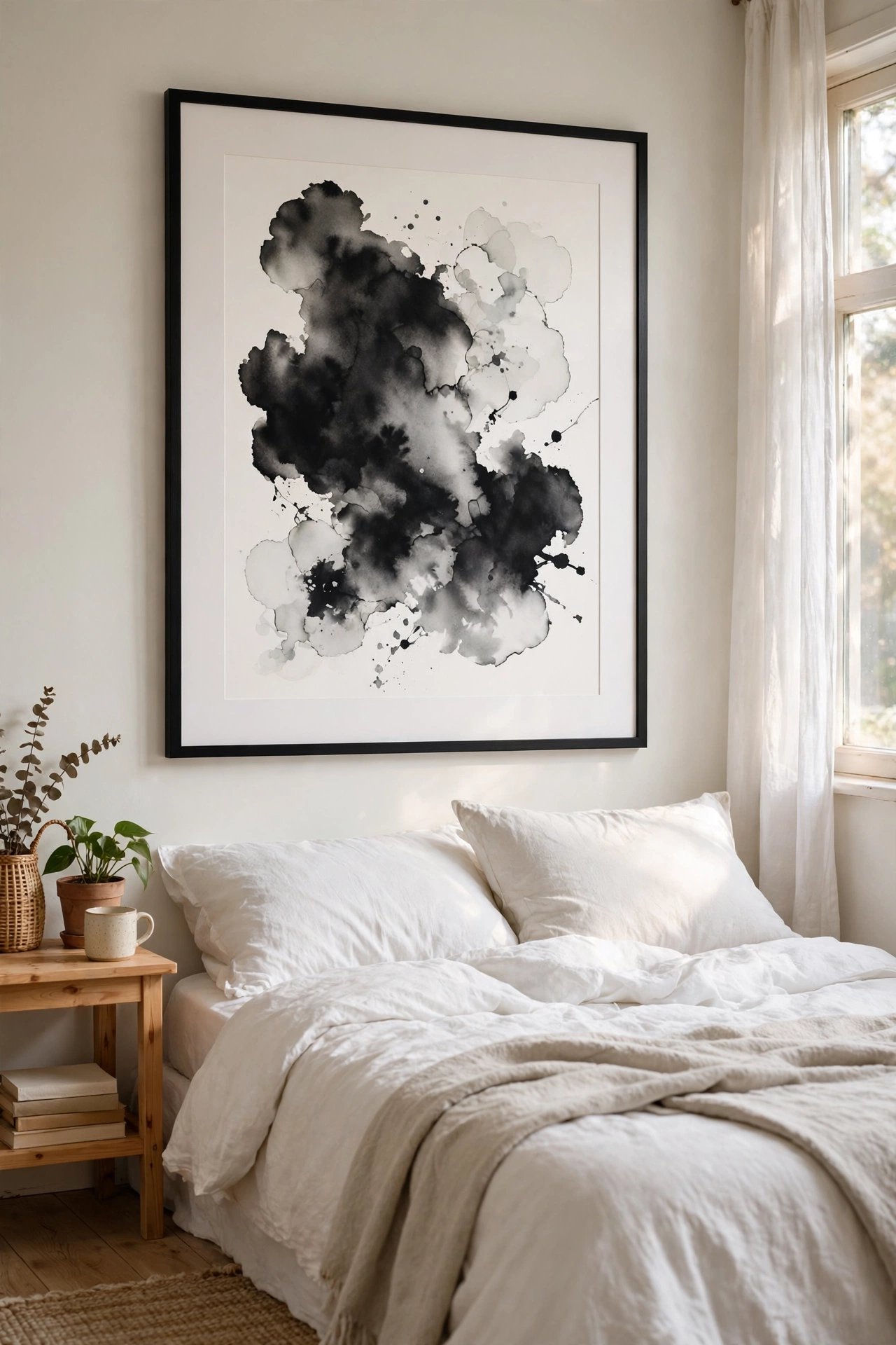 Large black watercolour art print in slim black frame above bed