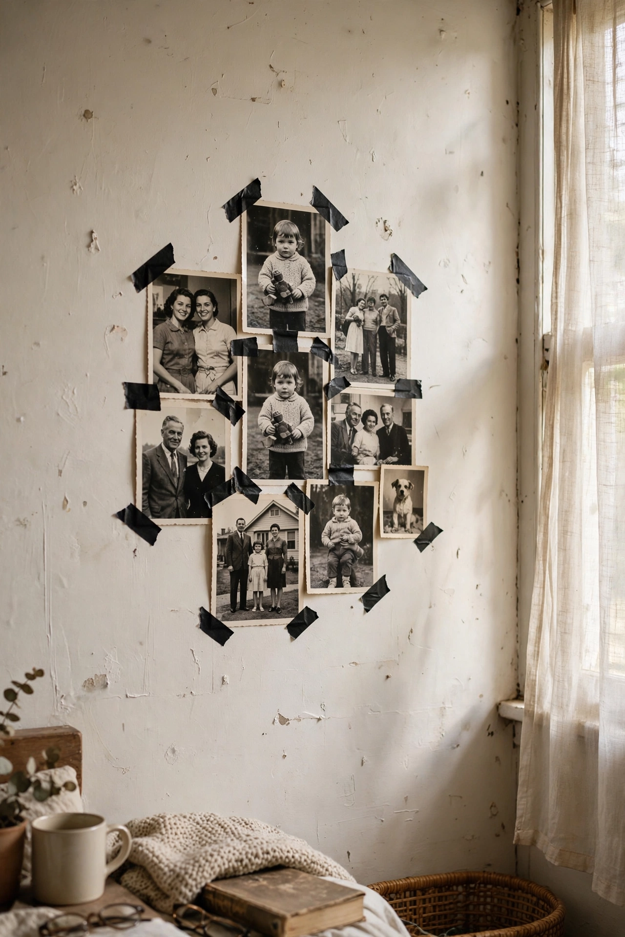 Black and white vintage photos taped to wall with washi tape