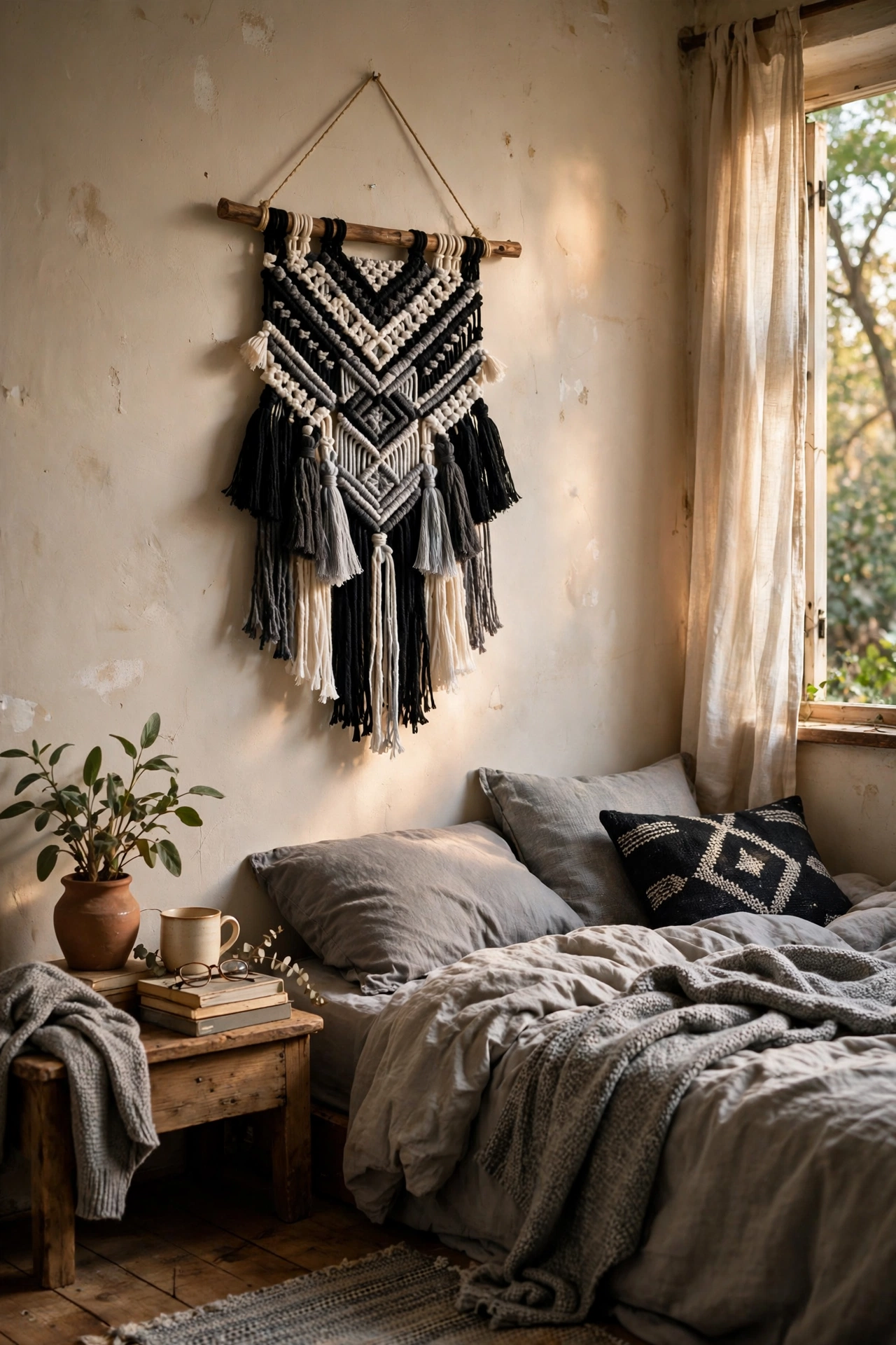 Handmade black white and grey yarn wall hanging on dowel