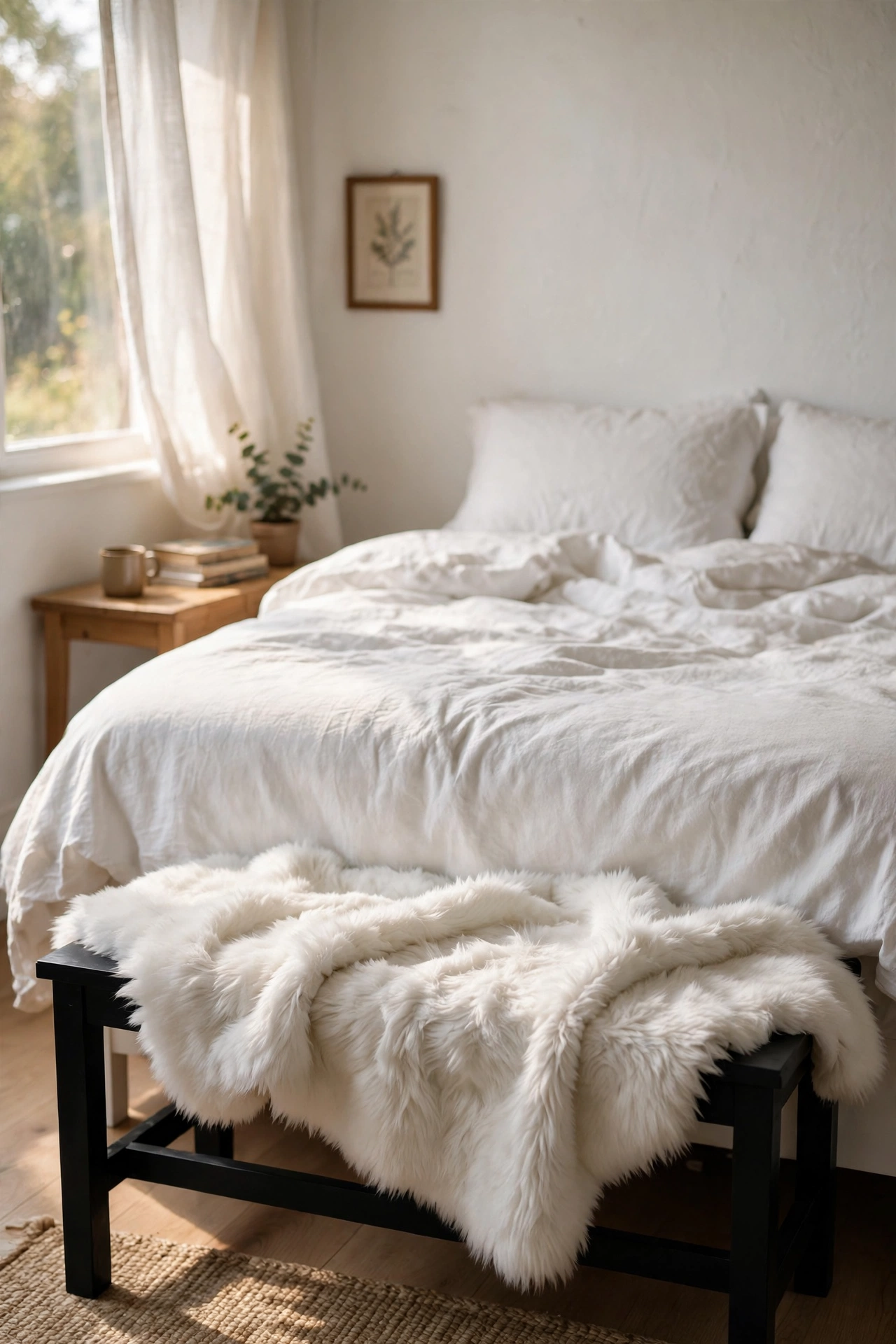 White faux fur throw draped over black bench at foot of bed